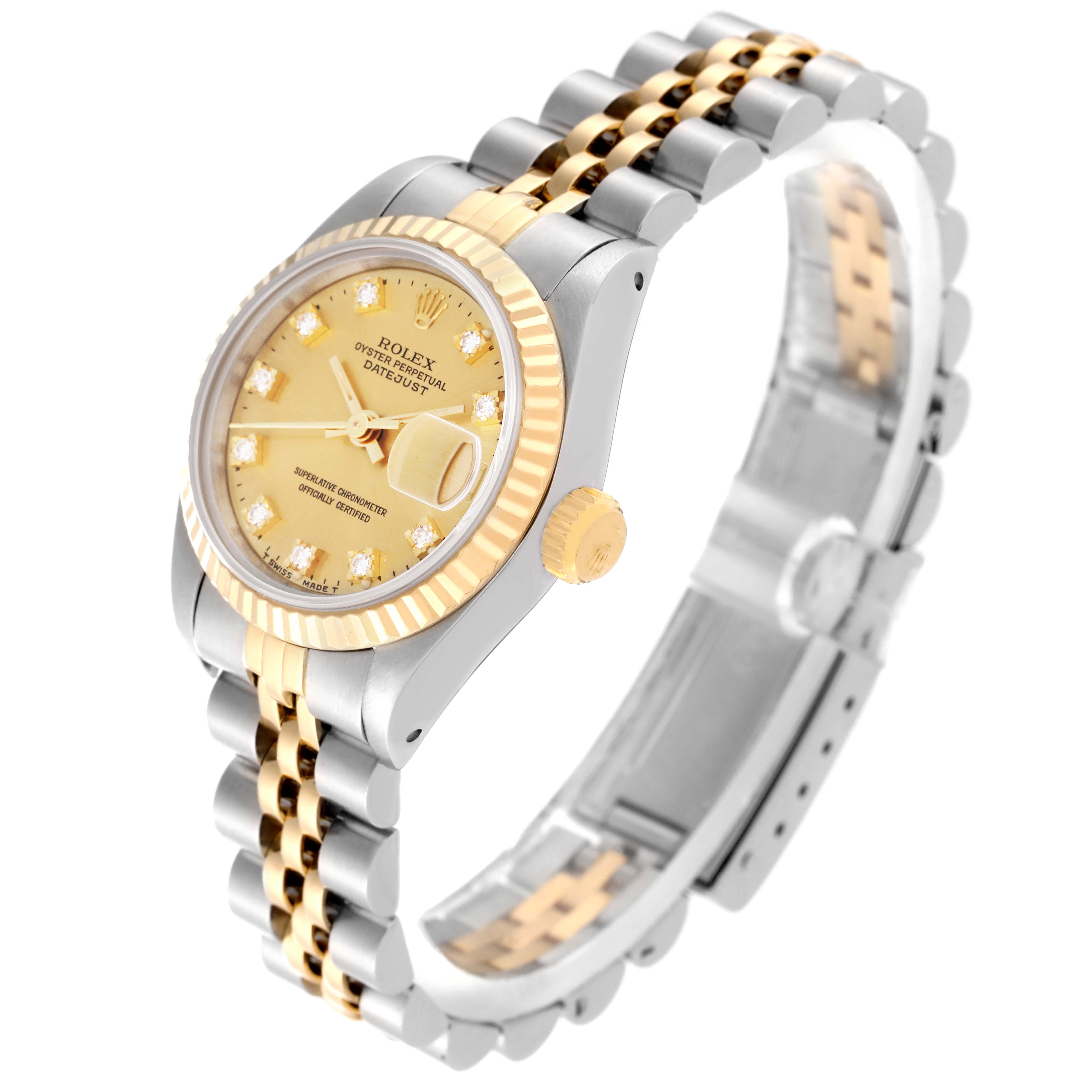 The Rolex Datejust 69173 Women
s Steel and Gold (two tone) Champagne Dial 69173 Women
s Steel and Gold (two tone) Champagne Dial watch is shown at an angled side view, displaying its dial, fluted bezel, crown, and two-tone bracelet.