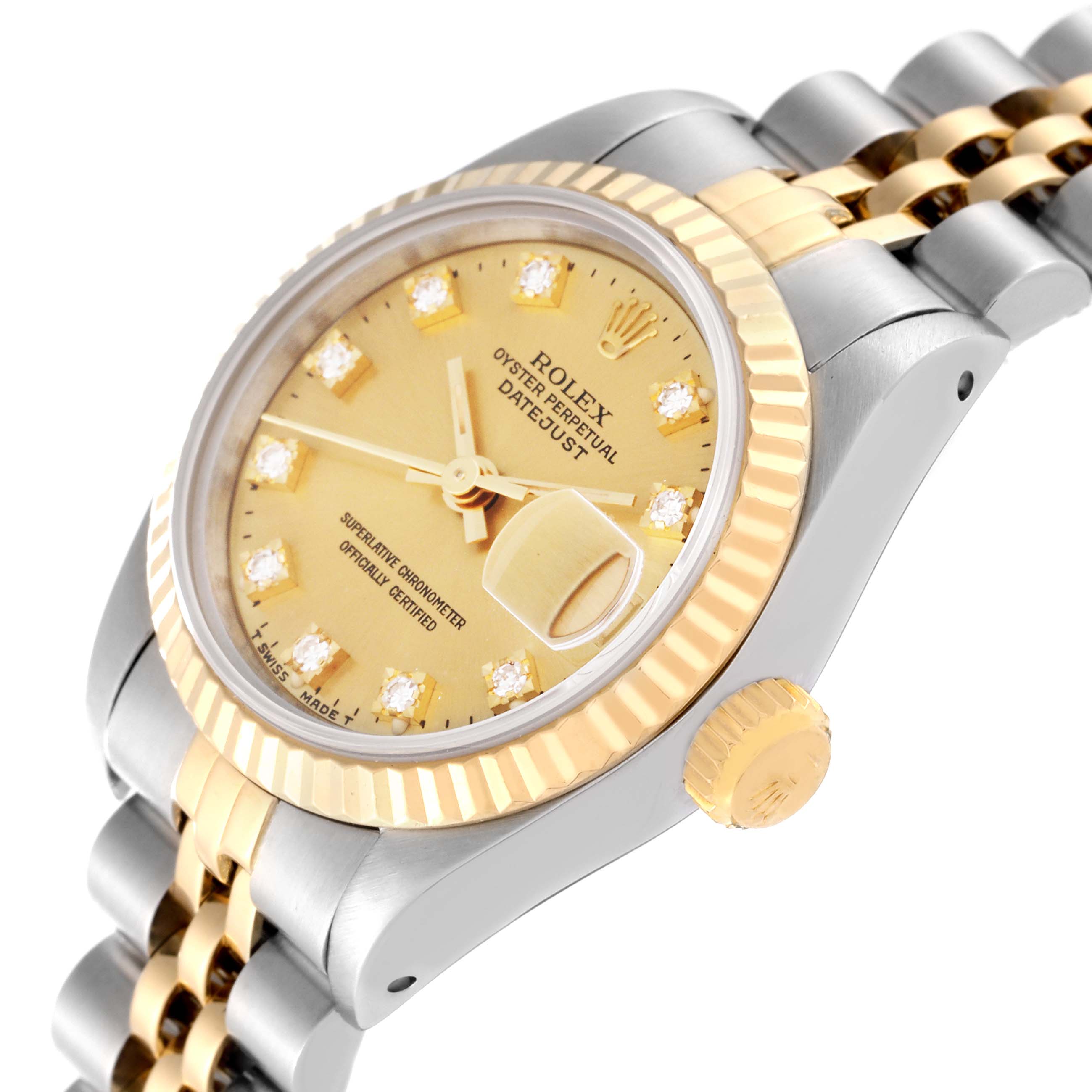 The image showcases a Rolex Datejust 69173 Women
s Steel and Gold (two tone) Champagne Dial 69173 Women
s Steel and Gold (two tone) Champagne Dial watch at an angle displaying its dial, bezel, crown, and part of the bracelet.