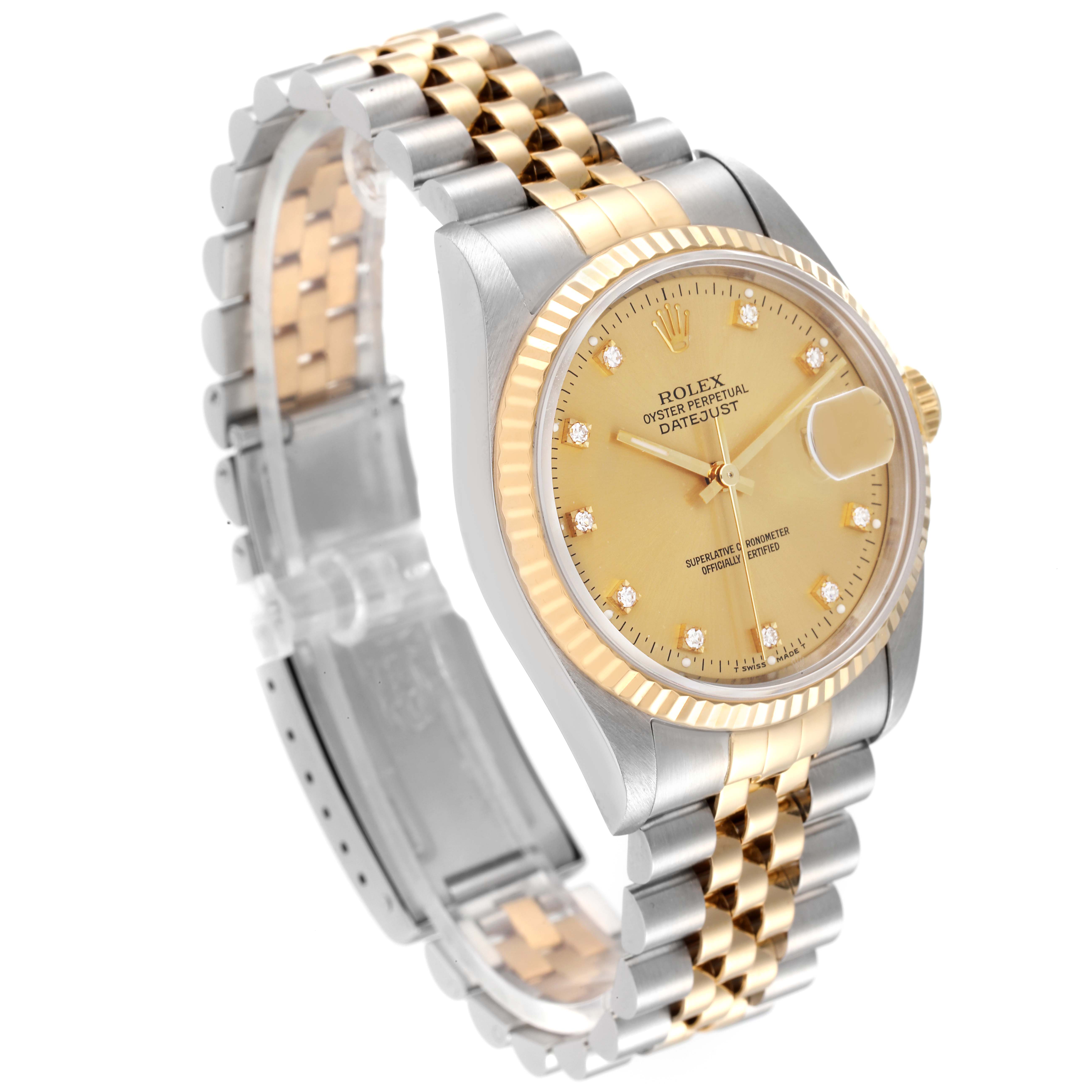 The image shows a side and front angle of a Rolex Datejust 16233 Men's Steel and Gold (two tone) Champagne Dial 16233 Men's Steel and Gold (two tone) Champagne Dial watch with a gold and silver bracelet and a champagne dial.