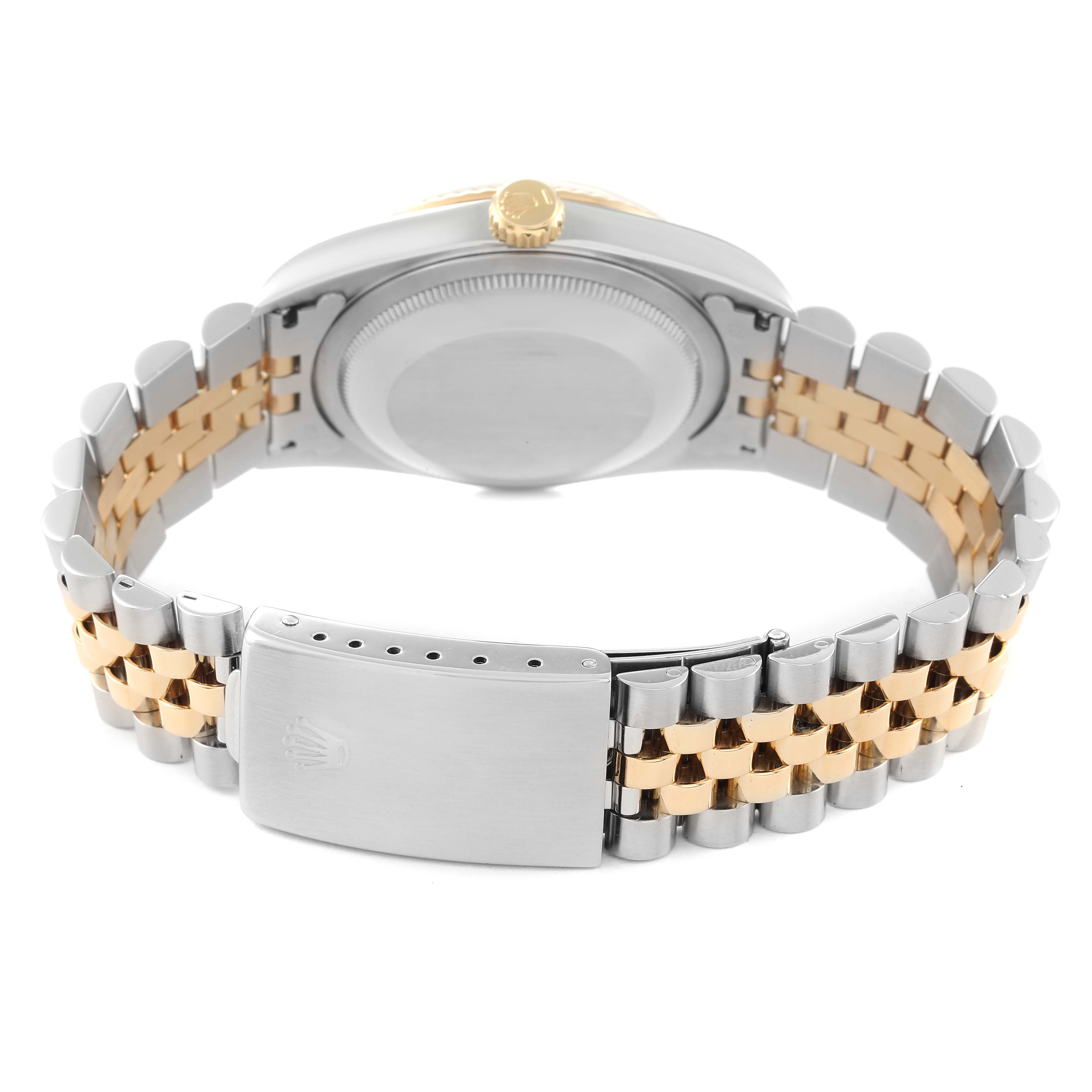 This image shows the back and bracelet of a Rolex Datejust 16233 Men's Steel and Gold (two tone) Champagne Dial 16233 Men's Steel and Gold (two tone) Champagne Dial watch, highlighting the two-tone metal design and clasp.