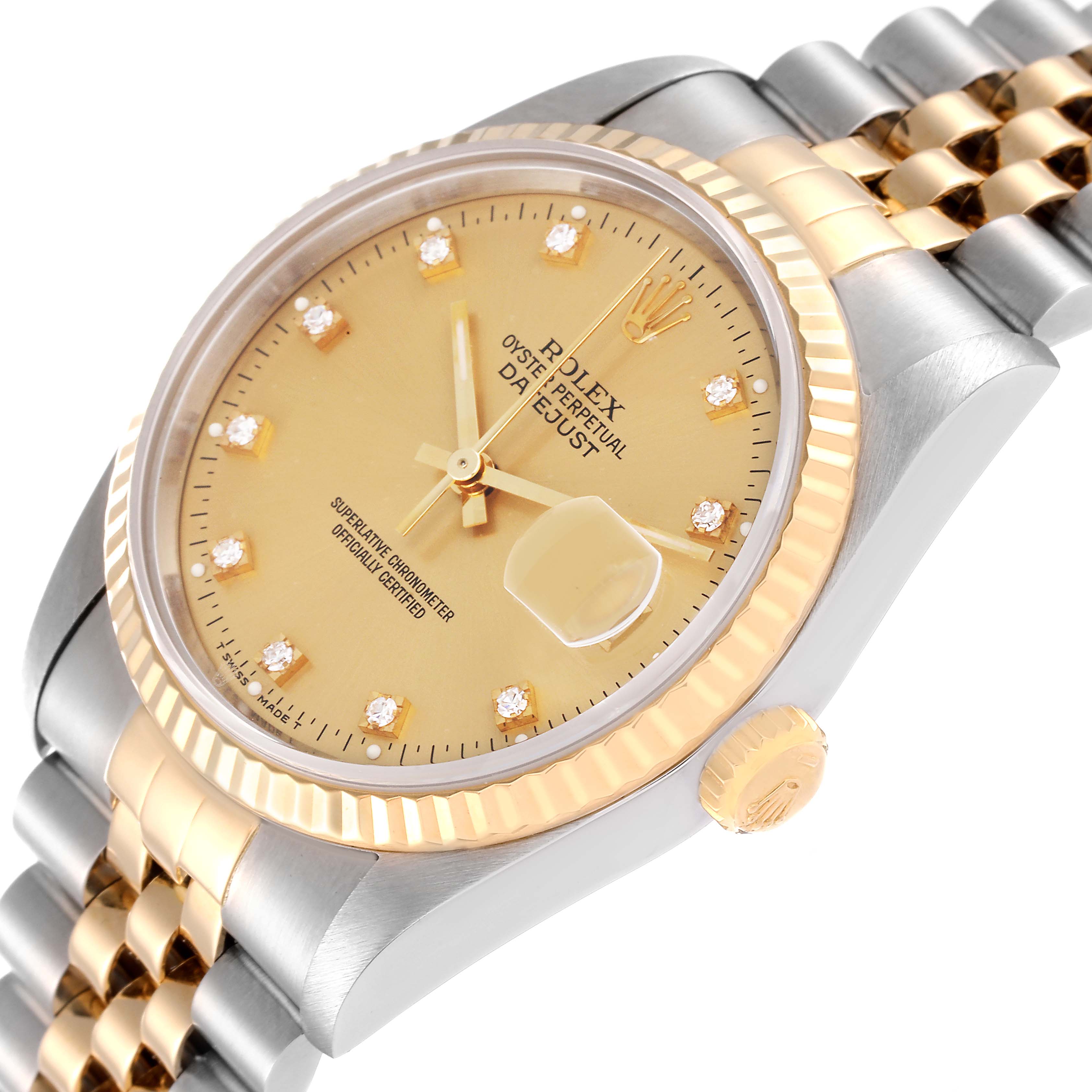 The image shows a close-up angled view of a Rolex Datejust 16233 Men's Steel and Gold (two tone) Champagne Dial 16233 Men's Steel and Gold (two tone) Champagne Dial watch, highlighting the dial, bezel, crown, and bracelet.