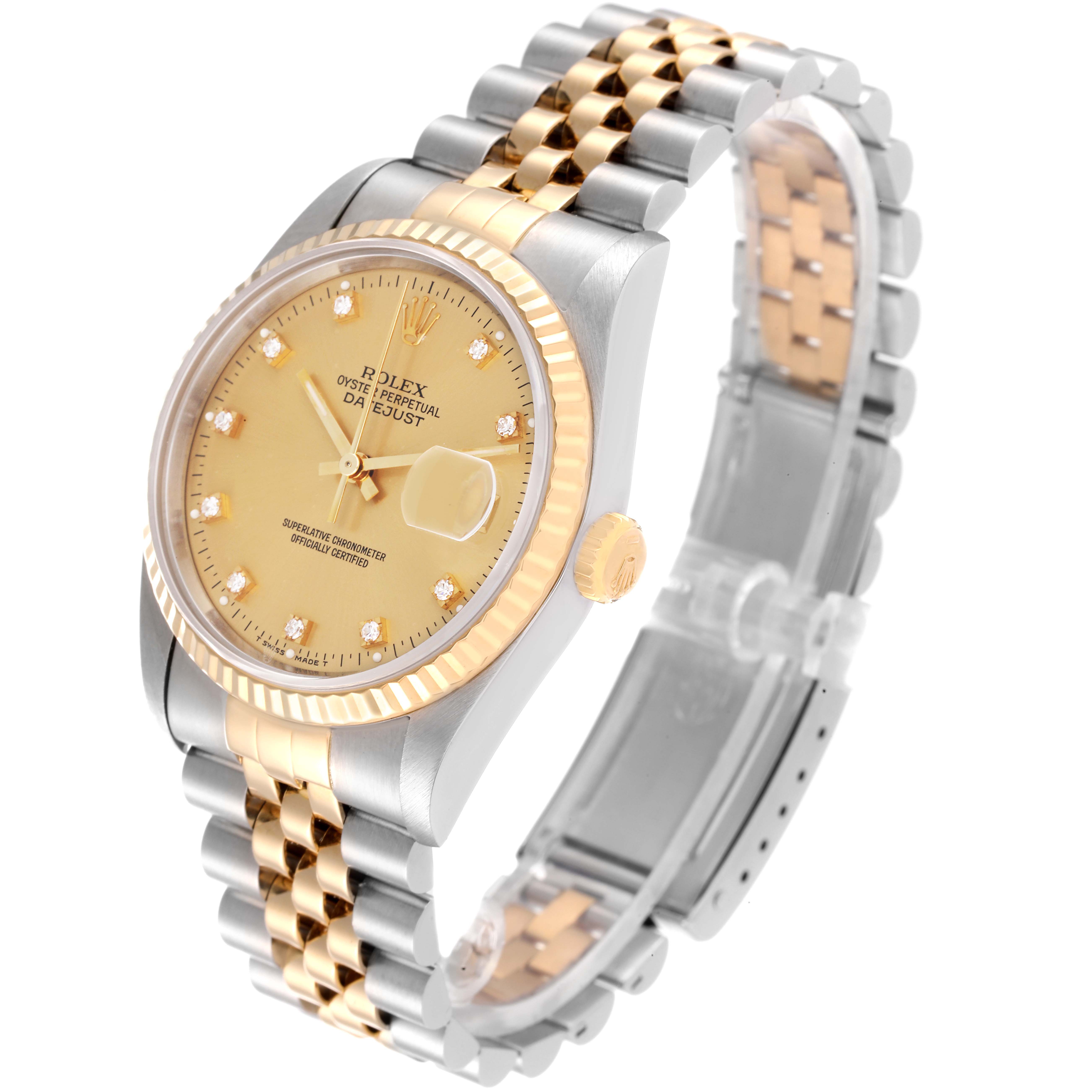 The Rolex Datejust 16233 Men's Steel and Gold (two tone) Champagne Dial 16233 Men's Steel and Gold (two tone) Champagne Dial watch is shown at an angled view, highlighting its gold and silver Jubilee bracelet, fluted bezel, and champagne dial.