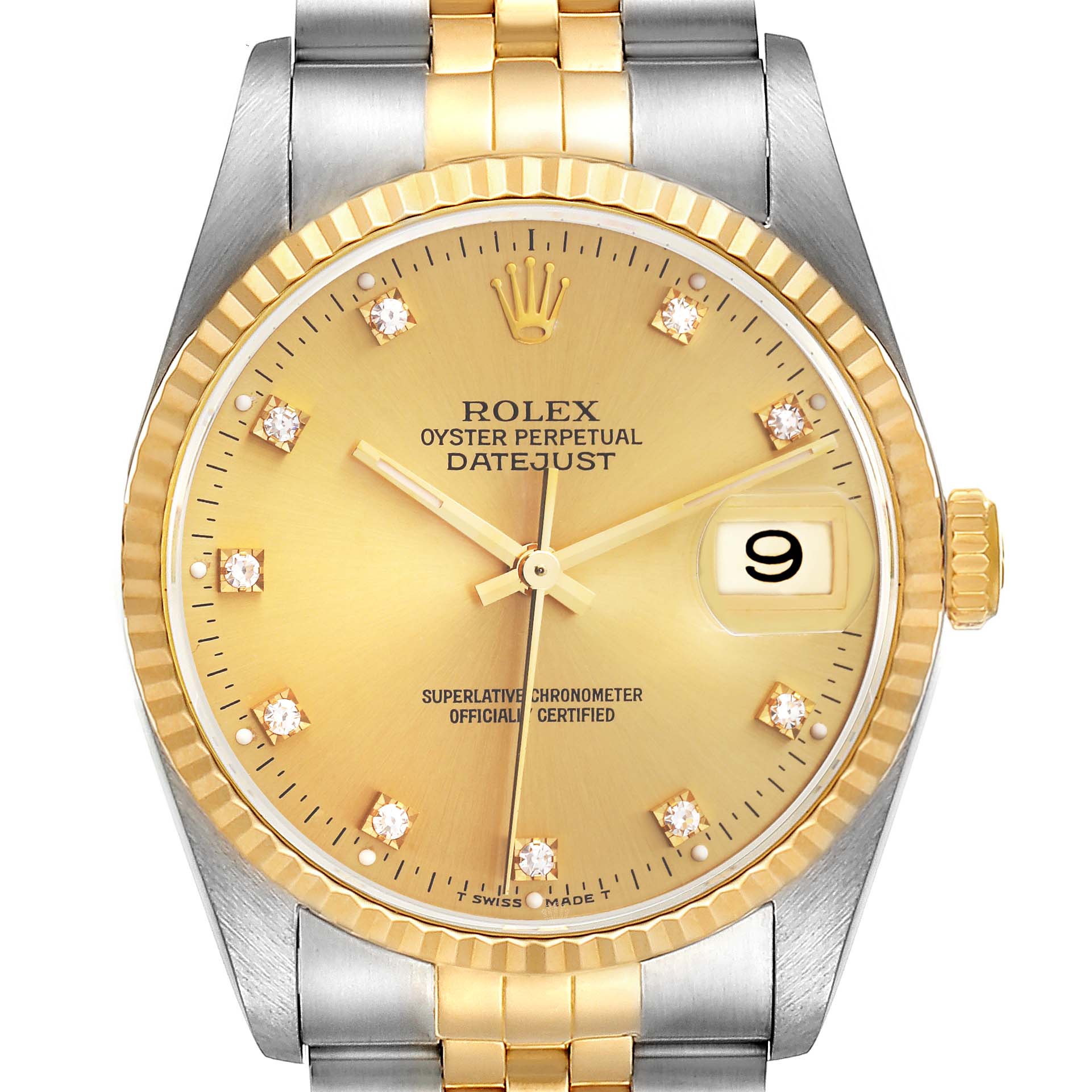 The image shows a front view of a Rolex Datejust 16233 Men's Steel and Gold (two tone) Champagne Dial 16233 Men's Steel and Gold (two tone) Champagne Dial watch, highlighting the dial, hour markers, hands, crown, and part of the bracelet.