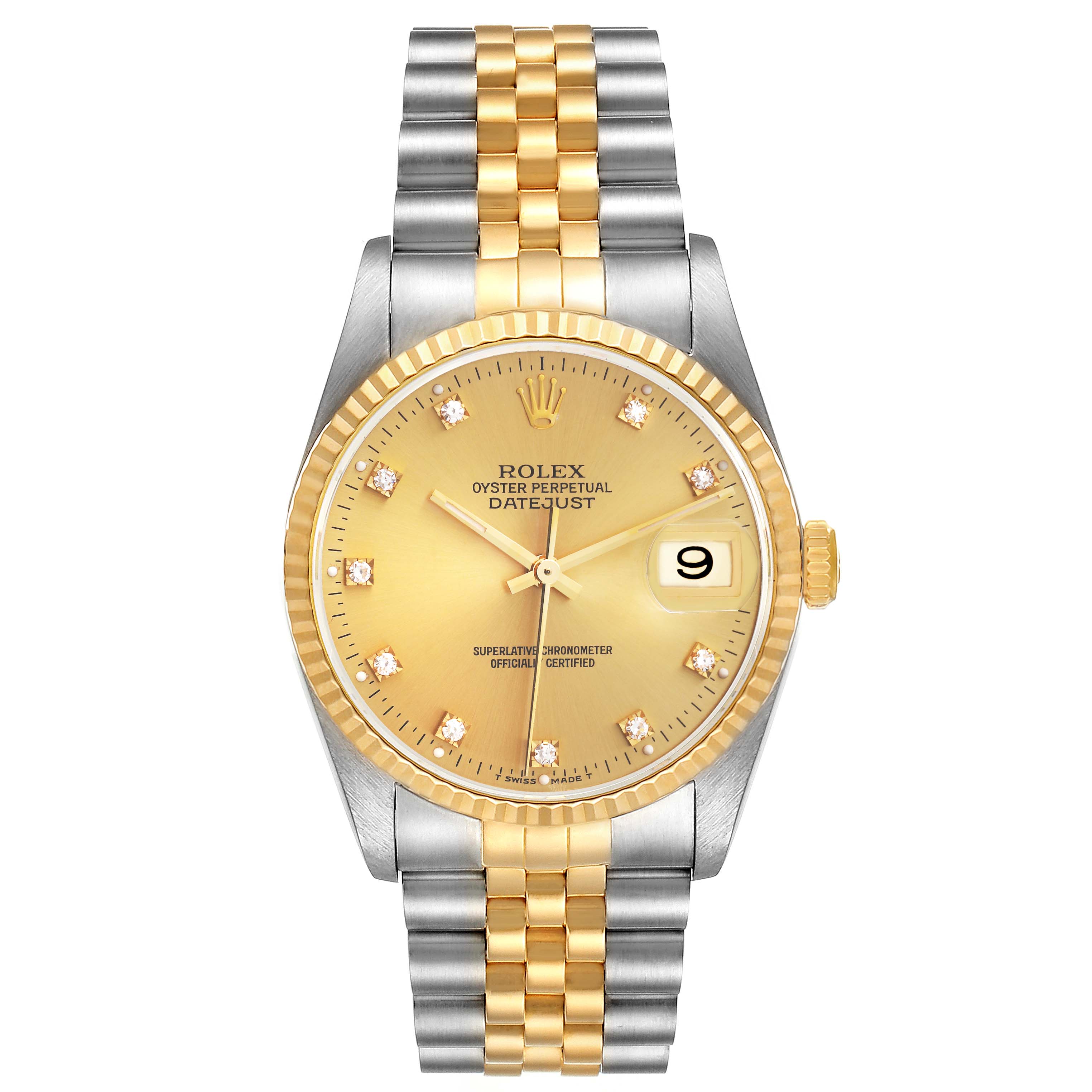 The image shows a front view of the Rolex Datejust 16233 Men's Steel and Gold (two tone) Champagne Dial 16233 Men's Steel and Gold (two tone) Champagne Dial watch featuring a two-tone bracelet and a gold dial.