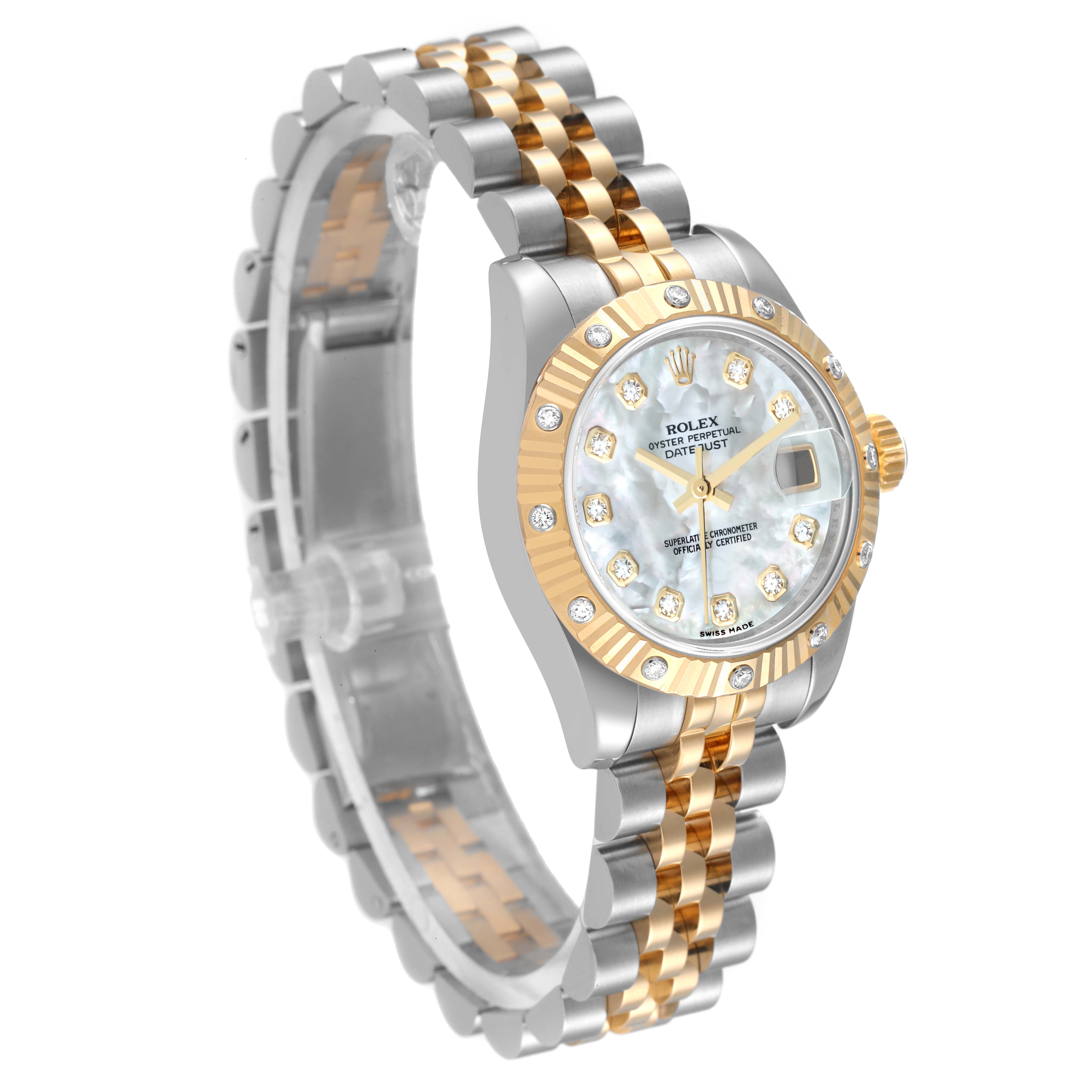 The image shows a Rolex Datejust 179313 Women
s Steel and Gold (two tone) Mother of Pearl Dial 179313 Women
s Steel and Gold (two tone) Mother of Pearl Dial watch from a three-quarter angle, highlighting its dial, bezel, and bracelet.