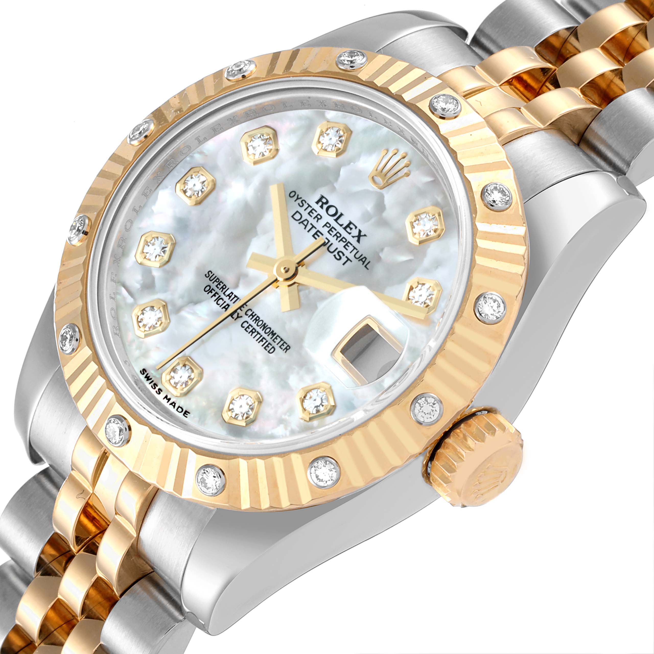 The image shows a Rolex Datejust 179313 Women
s Steel and Gold (two tone) Mother of Pearl Dial 179313 Women
s Steel and Gold (two tone) Mother of Pearl Dial watch at a slight angle, highlighting the bezel, dial, crown, and part of the bracelet.