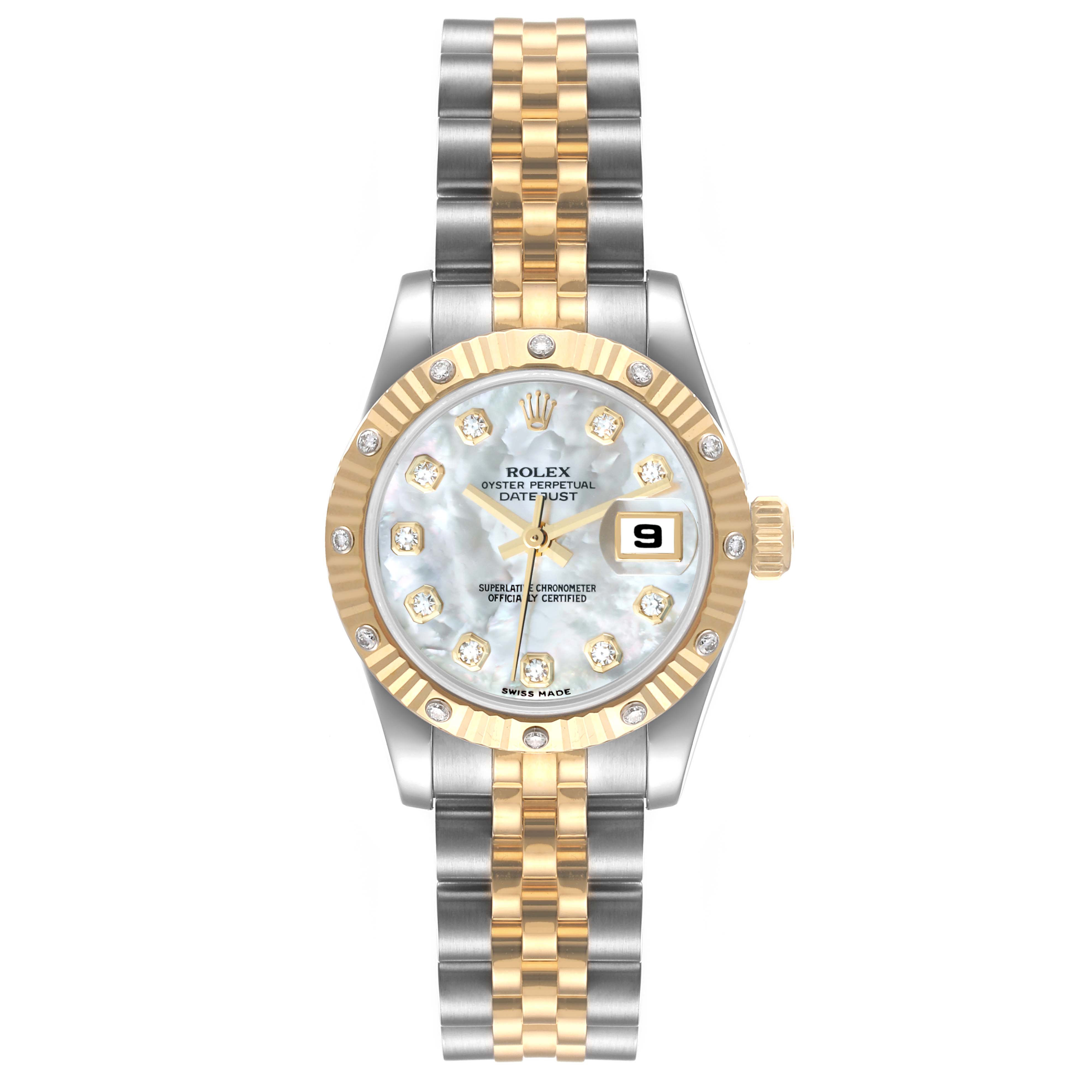 The image shows a front view of a Rolex Datejust 179313 Women
s Steel and Gold (two tone) Mother of Pearl Dial 179313 Women
s Steel and Gold (two tone) Mother of Pearl Dial watch with a fluted bezel, Jubilee bracelet, and diamond hour markers.