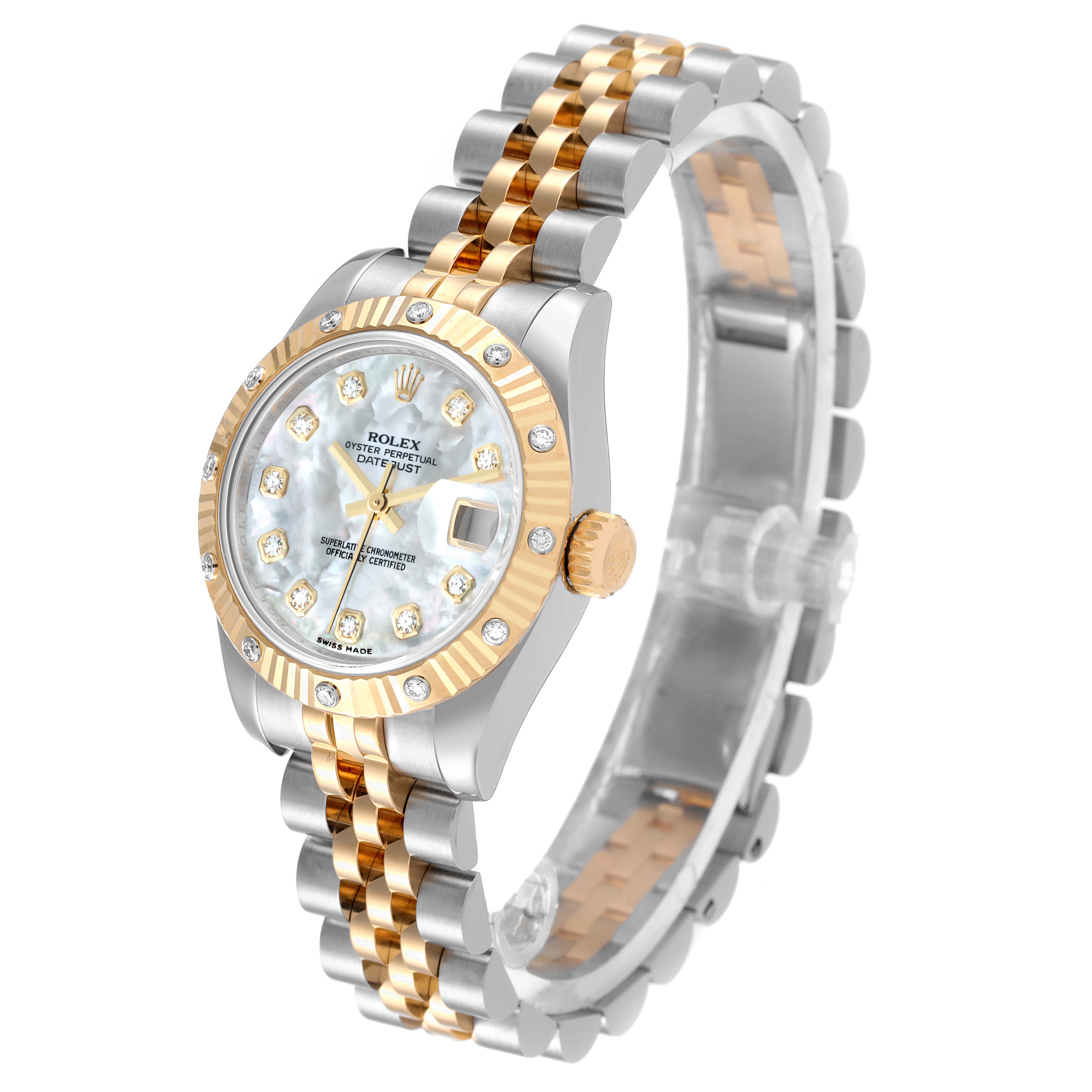 The Rolex Datejust 179313 Women
s Steel and Gold (two tone) Mother of Pearl Dial 179313 Women
s Steel and Gold (two tone) Mother of Pearl Dial watch is shown at a three-quarter angle, highlighting the dial, bezel, and part of the bracelet.