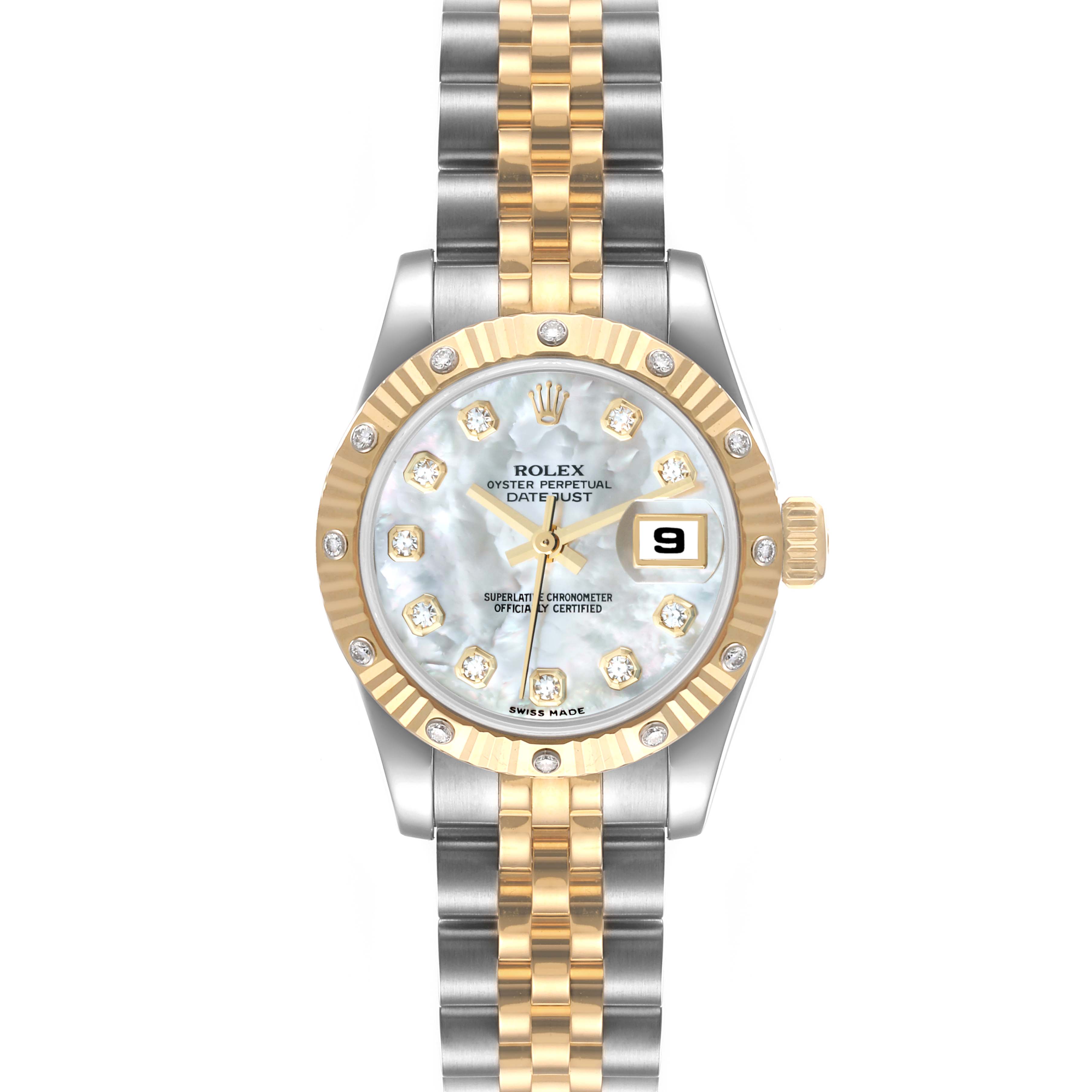 This Rolex Datejust 179313 Women
s Steel and Gold (two tone) Mother of Pearl Dial 179313 Women
s Steel and Gold (two tone) Mother of Pearl Dial watch is shown from a front angle displaying its face, bezel, and bracelet.