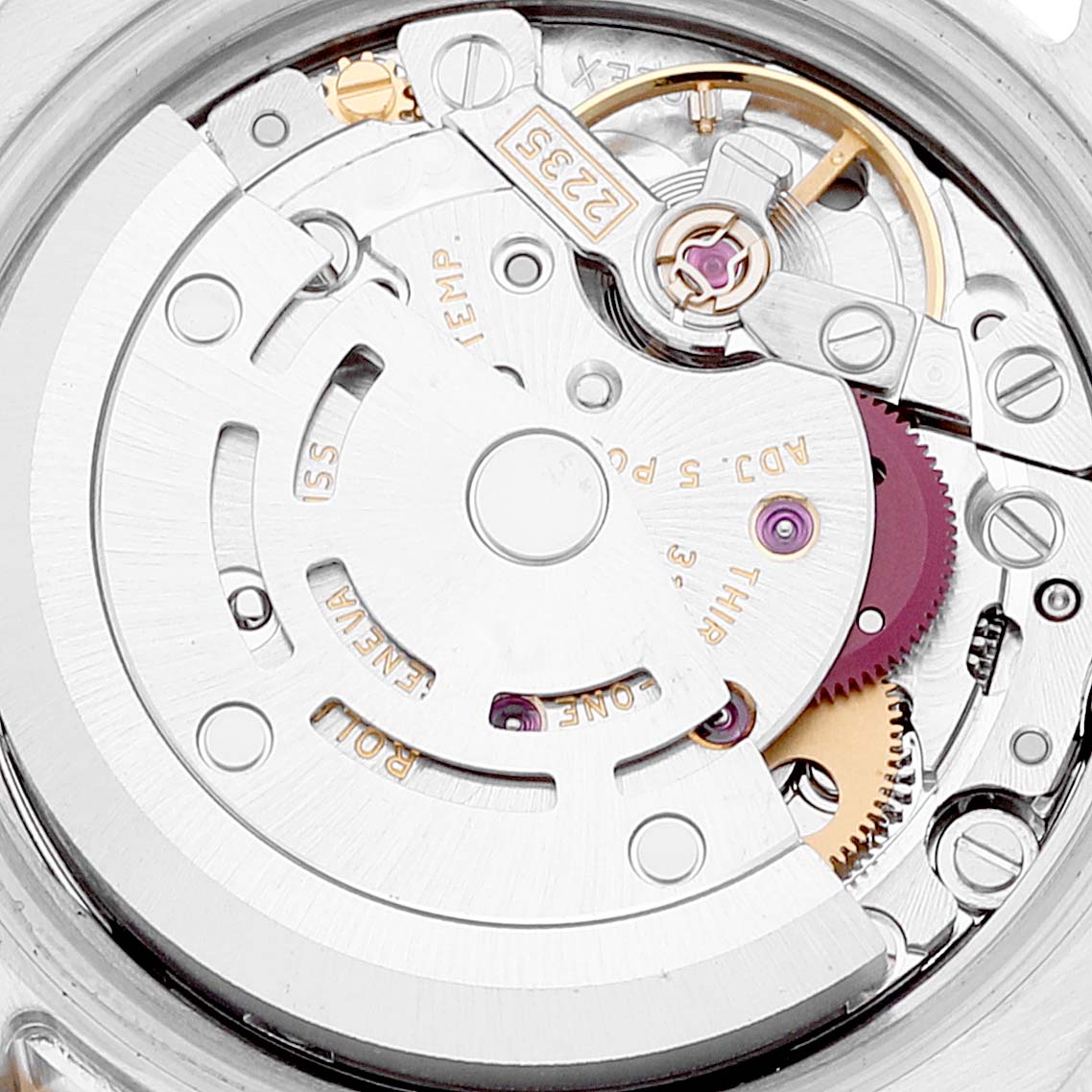 The image shows the internal movement components of the Rolex Datejust 179313 Women
s Steel and Gold (two tone) Mother of Pearl Dial 179313 Women
s Steel and Gold (two tone) Mother of Pearl Dial watch from a rear angle.