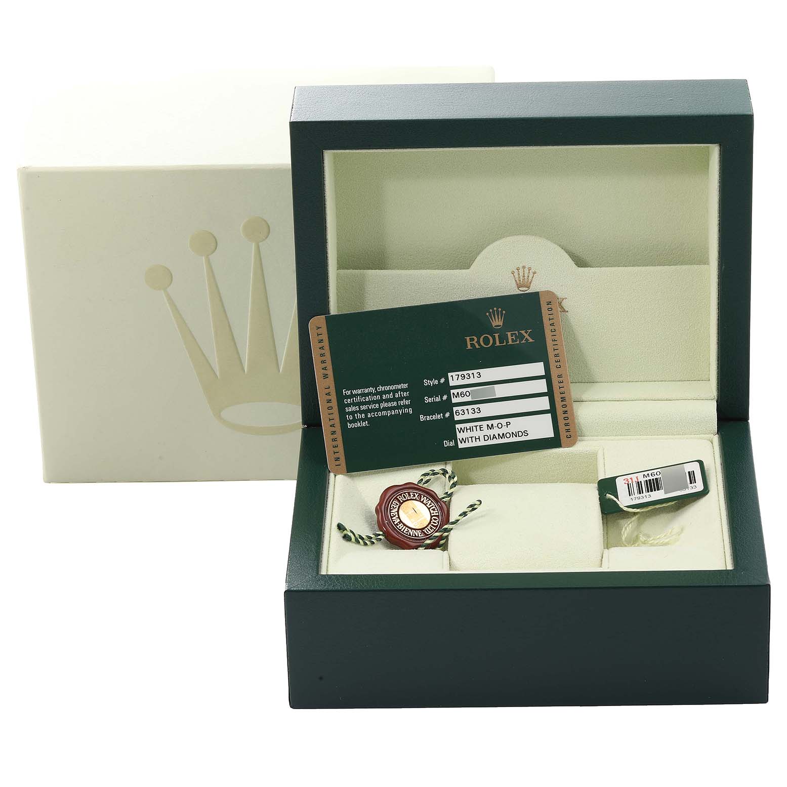 The angle shows an open Rolex Datejust 179313 Women
s Steel and Gold (two tone) Mother of Pearl Dial 179313 Women
s Steel and Gold (two tone) Mother of Pearl Dial watch box, with documentation and accessories such as tags both inside and outside the box.