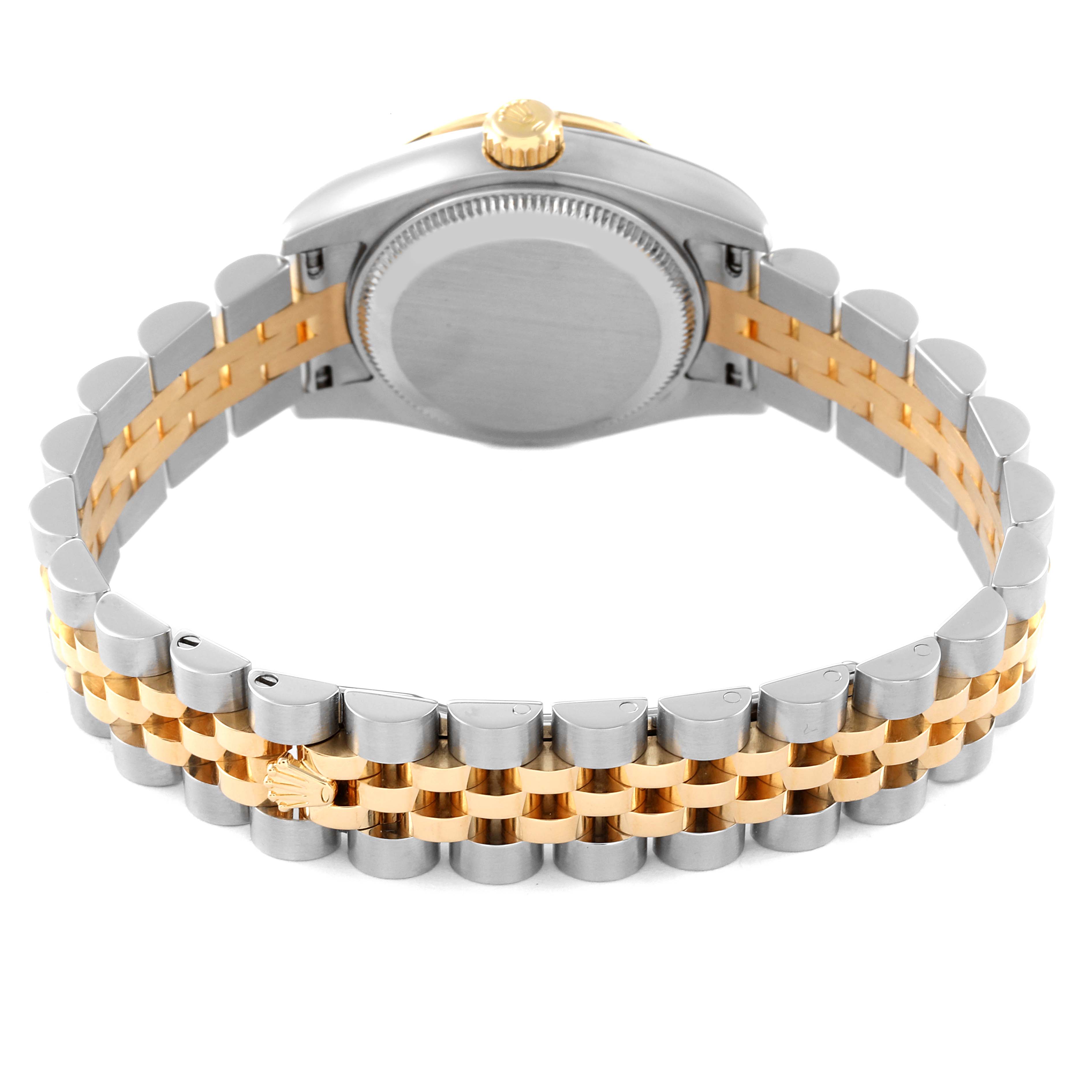 The image shows the back view of a Rolex Datejust 179313 Women
s Steel and Gold (two tone) Mother of Pearl Dial 179313 Women
s Steel and Gold (two tone) Mother of Pearl Dial, including the case back and Jubilee bracelet.
