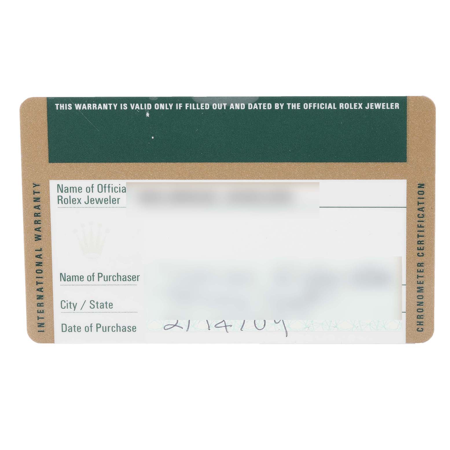 The image shows a Rolex Datejust 179313 Women
s Steel and Gold (two tone) Mother of Pearl Dial 179313 Women
s Steel and Gold (two tone) Mother of Pearl Dial warranty card, providing fields for the jeweler
s information, purchaser
s details, and purchase date.