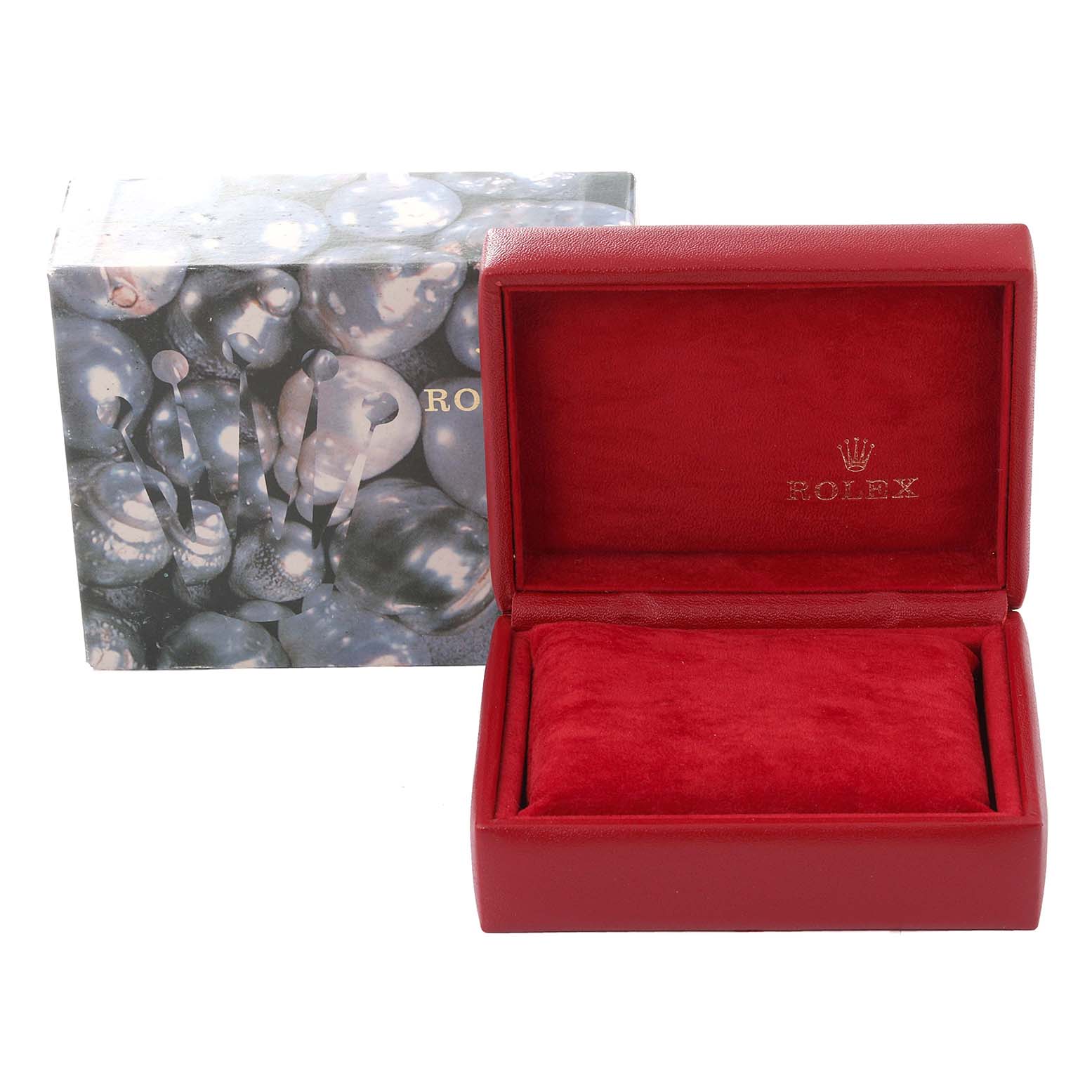 The image features a red Rolex watch box for the Datejust model, with a decorative outer box behind it.