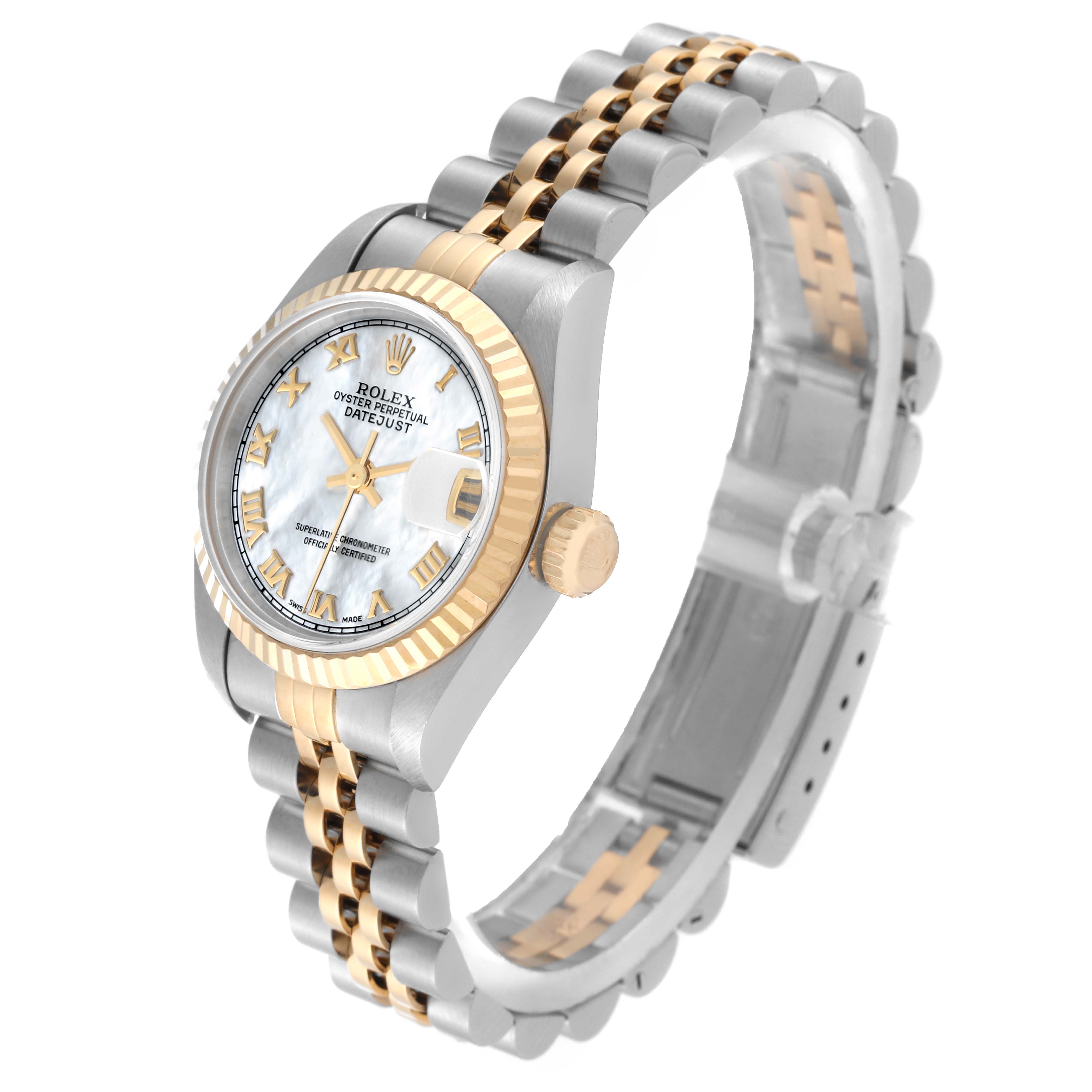 The image shows a side angle of the Rolex Datejust 79173 Women
s Steel and Gold (two tone) Mother of Pearl Dial 79173 Women
s Steel and Gold (two tone) Mother of Pearl Dial watch, highlighting the case, bracelet, dial, and crown.