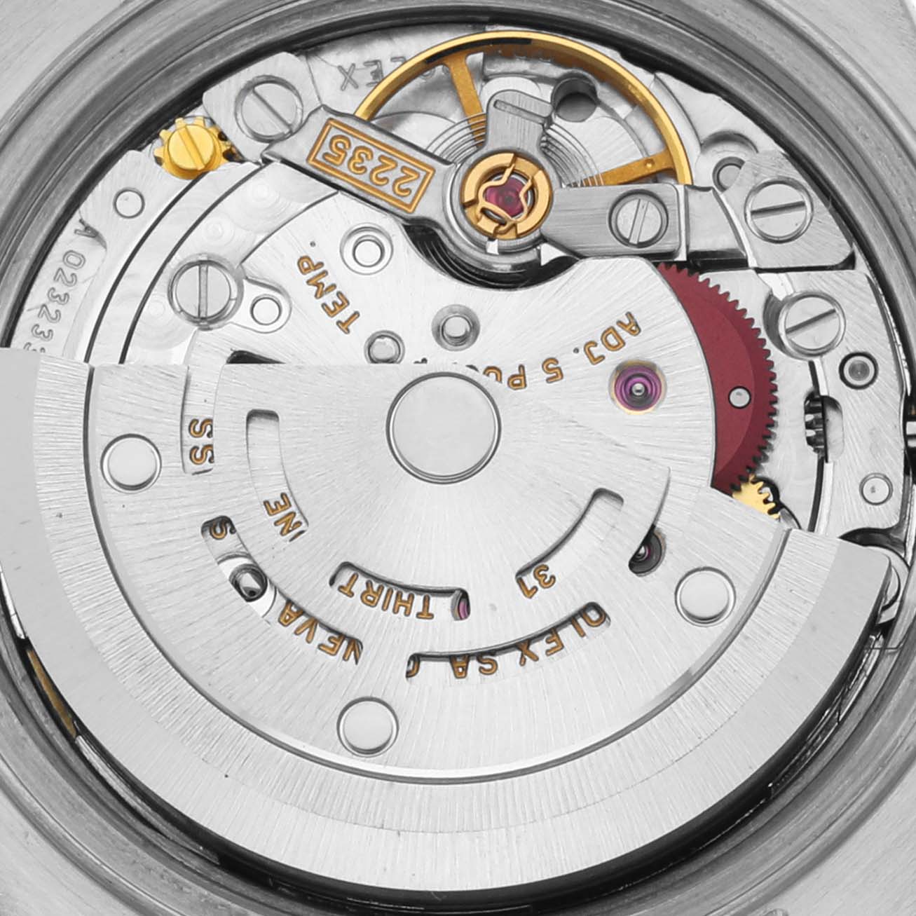 This image shows a close-up view of the movement mechanism of the Rolex Datejust 79173 Women
s Steel and Gold (two tone) Mother of Pearl Dial 79173 Women
s Steel and Gold (two tone) Mother of Pearl Dial watch.