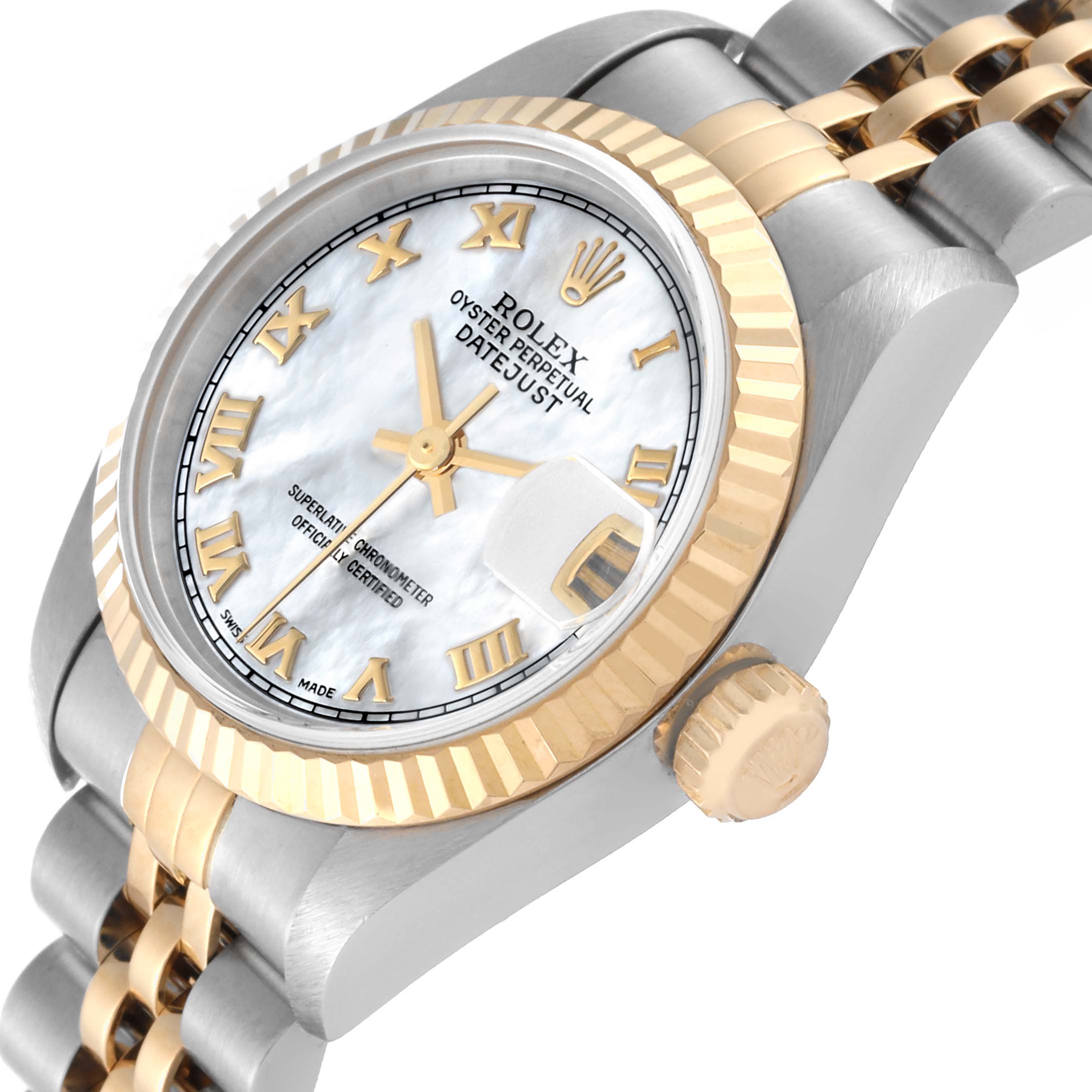 This is an angled close-up of a Rolex Datejust 79173 Women
s Steel and Gold (two tone) Mother of Pearl Dial 79173 Women
s Steel and Gold (two tone) Mother of Pearl Dial watch, highlighting its case, bezel, dial, and two-tone bracelet.
