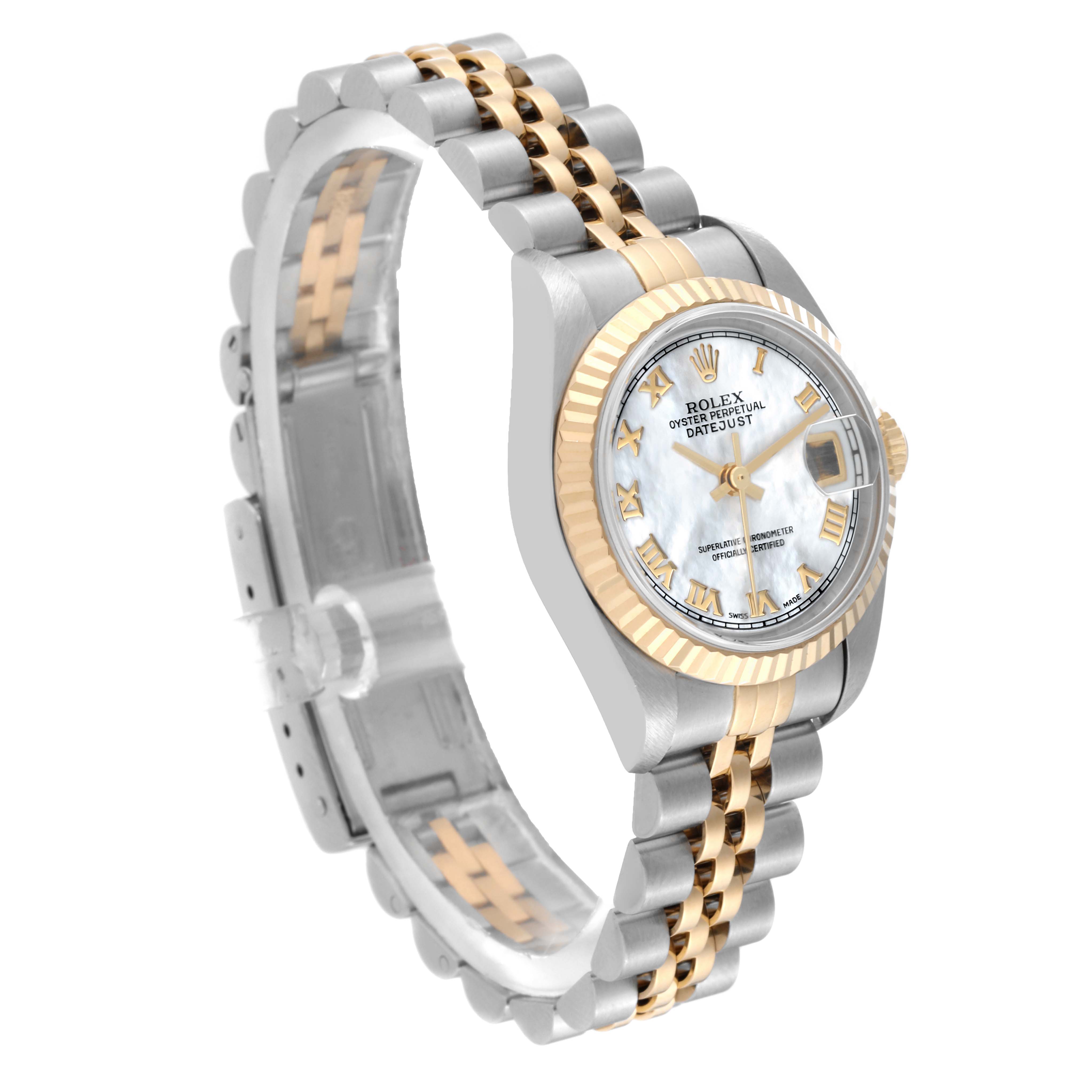The image shows a side view of a Rolex Datejust 79173 Women
s Steel and Gold (two tone) Mother of Pearl Dial 79173 Women
s Steel and Gold (two tone) Mother of Pearl Dial, highlighting its two-tone bracelet, fluted bezel, and dial.
