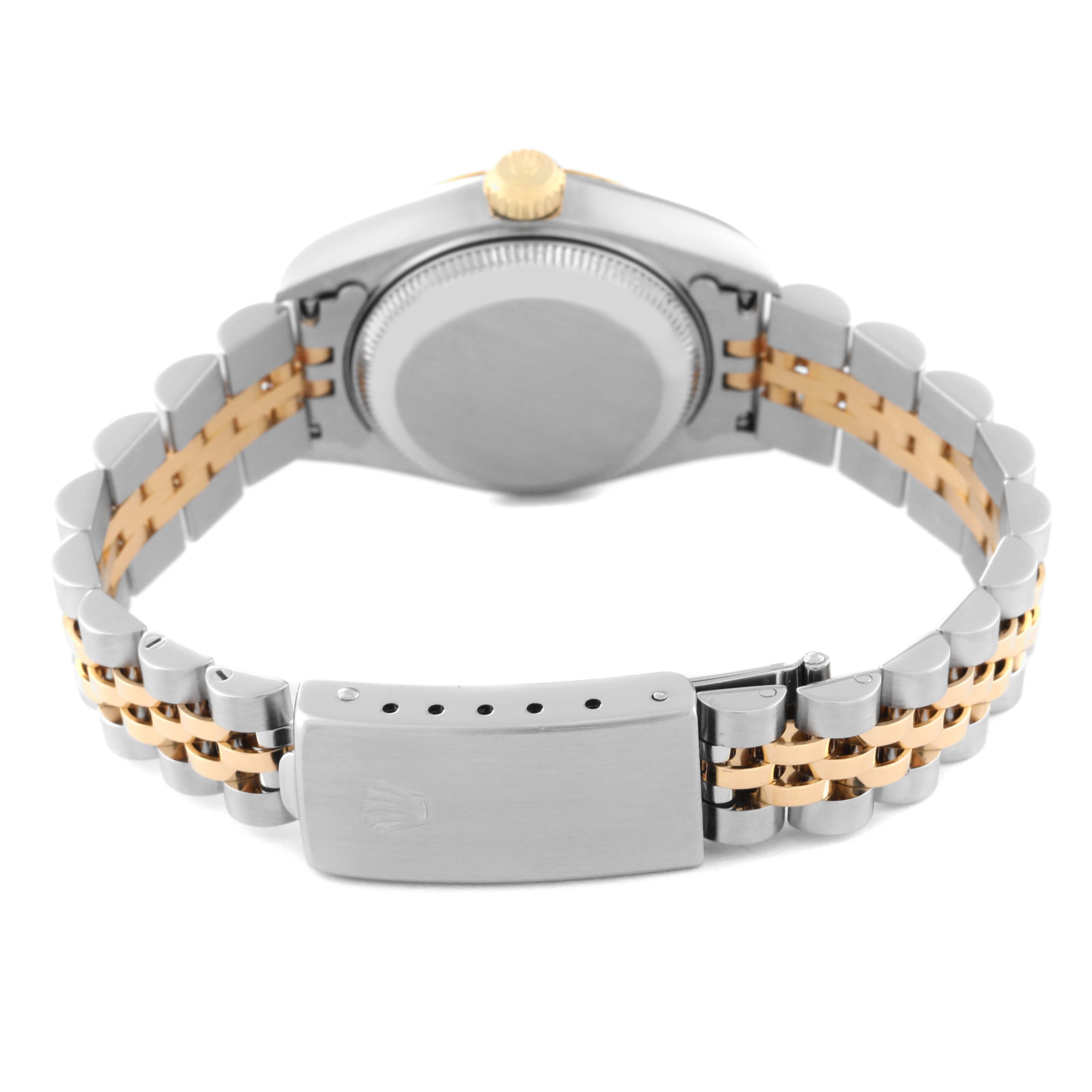 The image shows the back case and bracelet clasp of a Rolex Datejust 79173 Women
s Steel and Gold (two tone) Mother of Pearl Dial 79173 Women
s Steel and Gold (two tone) Mother of Pearl Dial watch from a rear angle.