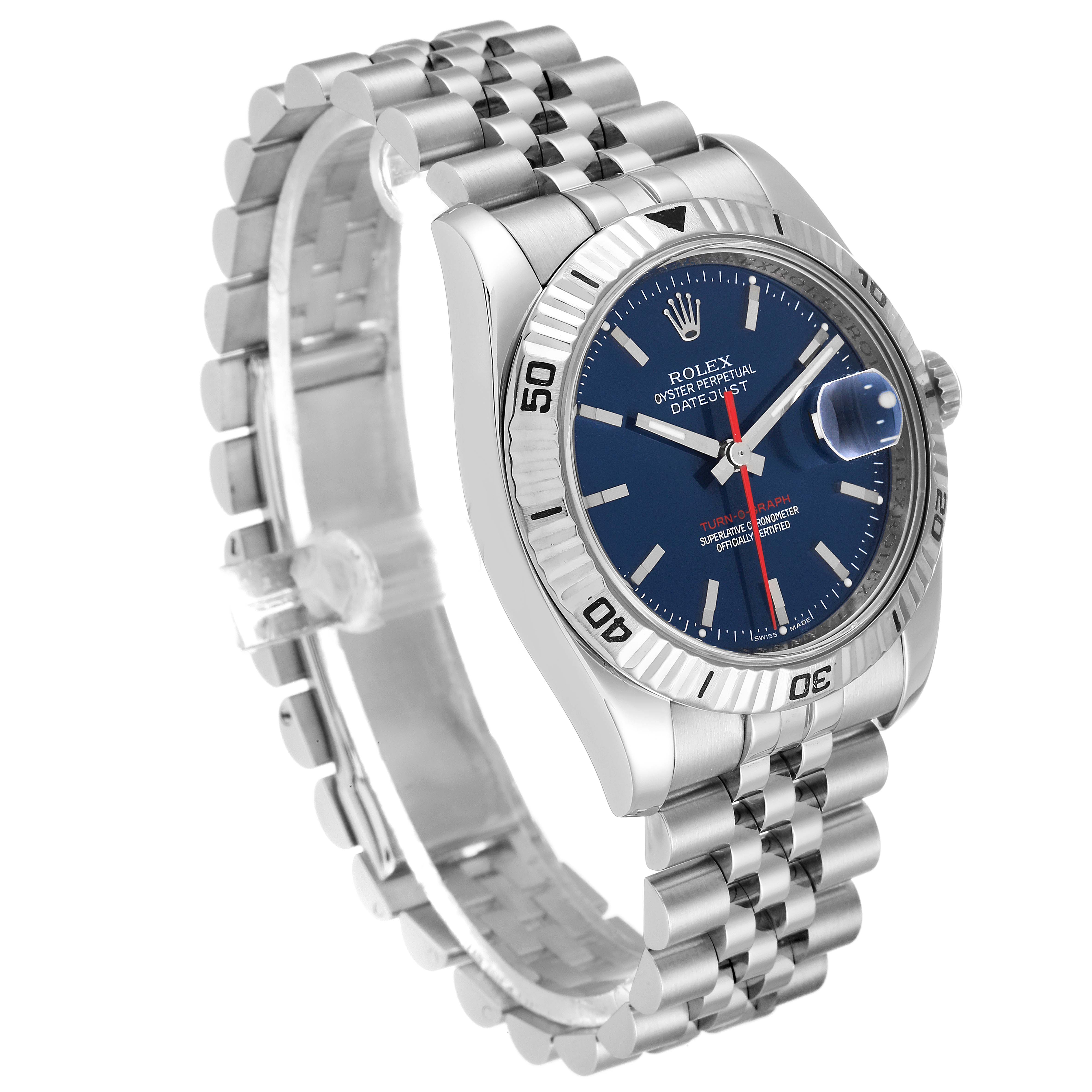 The image shows a Rolex Turn-o-Graph 116264 Men
s Stainless Steel Blue Dial 116264 Men
s Stainless Steel Blue Dial watch at an oblique angle, highlighting the dial, bezel, bracelet, and crown.