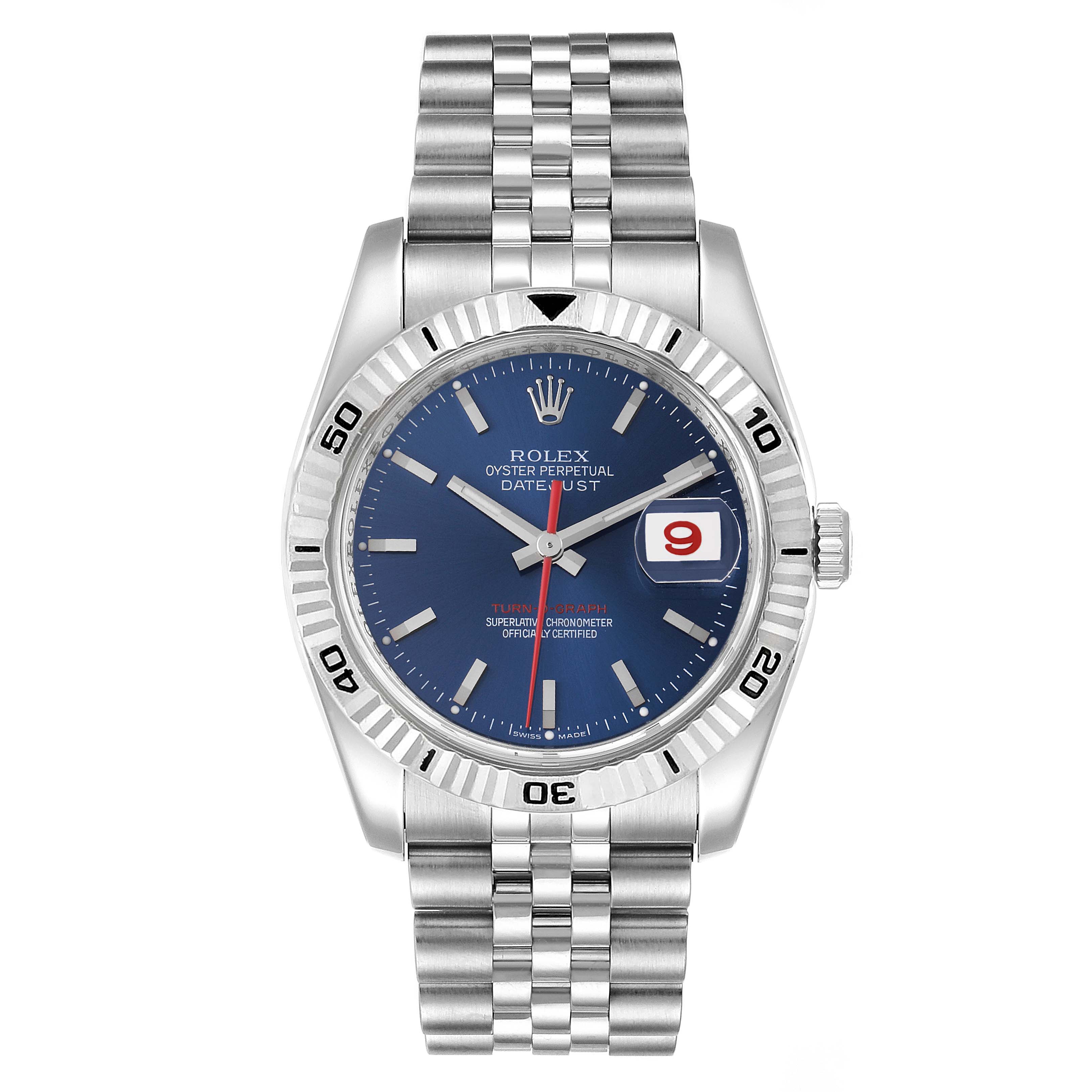 The Rolex Turn-o-Graph 116264 Men
s Stainless Steel Blue Dial 116264 Men
s Stainless Steel Blue Dial model is shown from a top-down angle, displaying the dial, bezel, and bracelet.