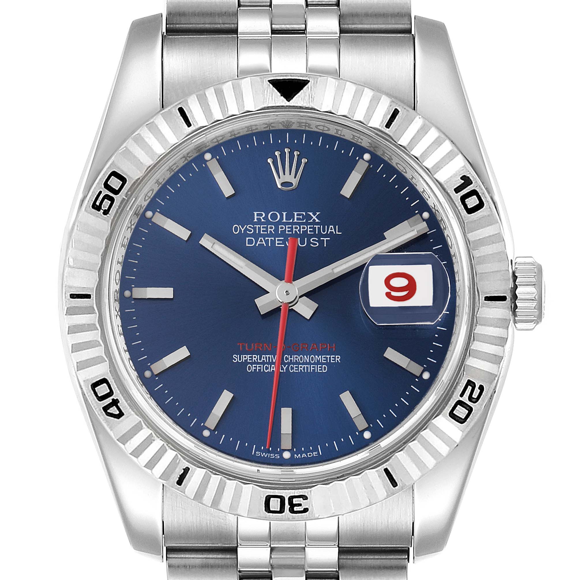 The image shows a front view of the Rolex Turn-o-Graph 116264 Men
s Stainless Steel Blue Dial 116264 Men
s Stainless Steel Blue Dial watch, highlighting its blue dial, date display, and silver band.