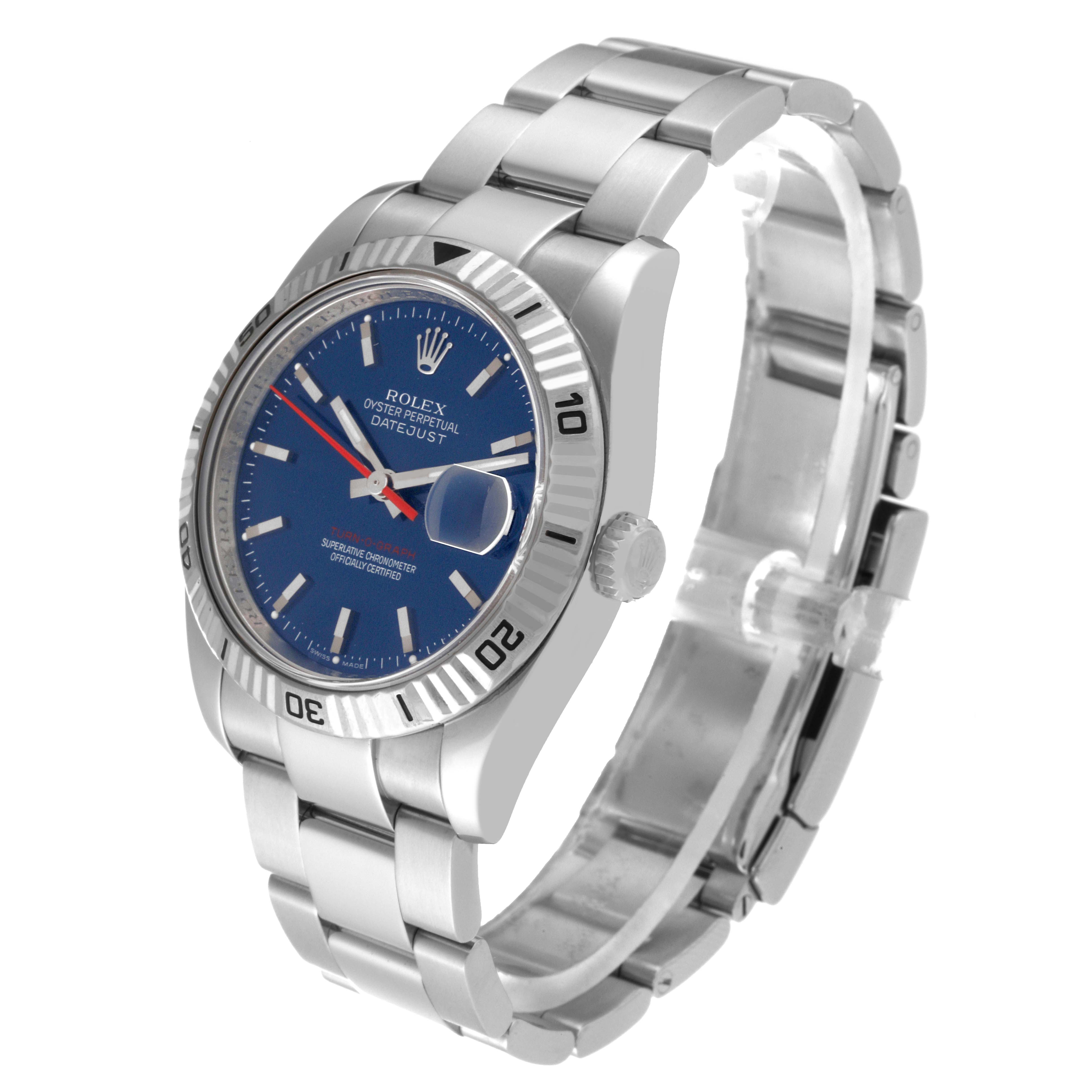 The Rolex Turn-o-Graph 116264 Men
s Stainless Steel Blue Dial 116264 Men
s Stainless Steel Blue Dial watch is shown at an angled view, displaying the face, bezel, bracelet, and crown.