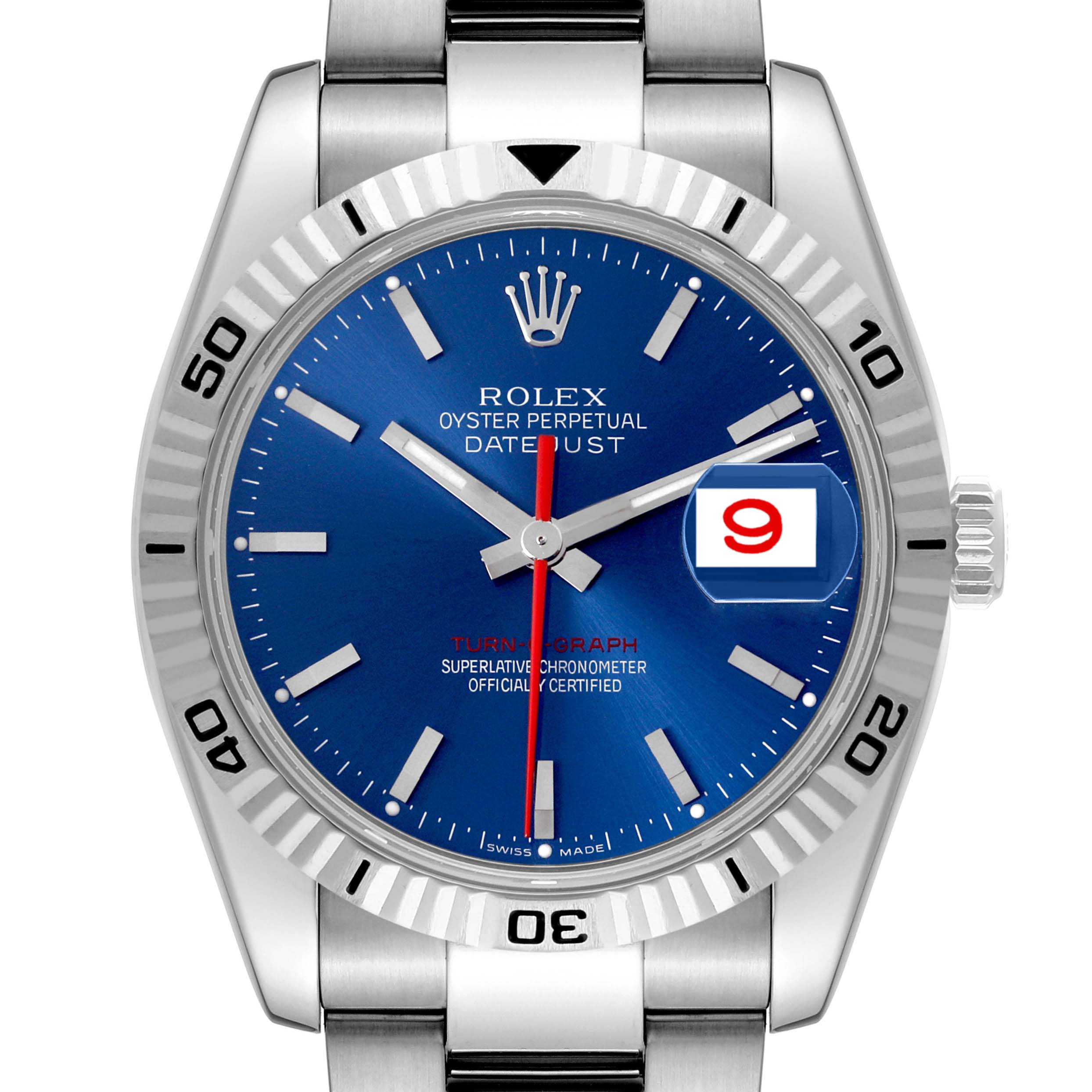 The image shows a frontal view of a Rolex Turn-o-Graph 116264 Men
s Stainless Steel Blue Dial 116264 Men
s Stainless Steel Blue Dial watch, featuring its dial, bezel, and part of the bracelet.