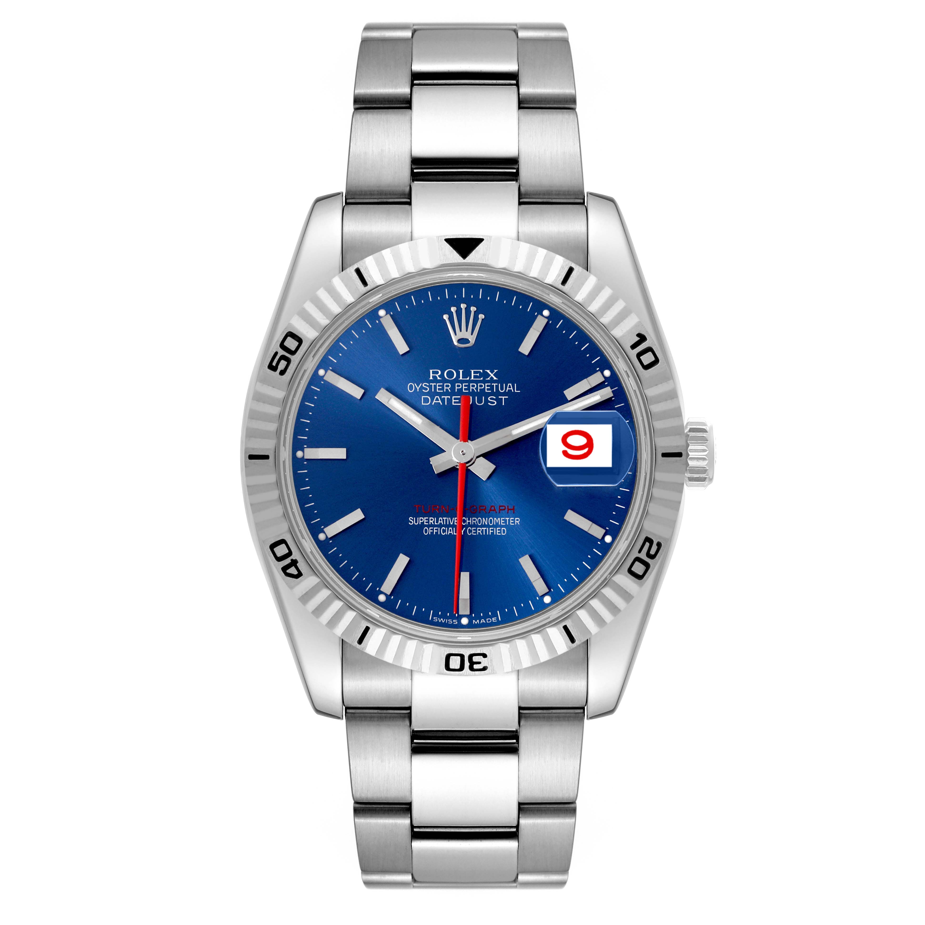 The image shows a front view of the Rolex Turn-o-Graph 116264 Men
s Stainless Steel Blue Dial 116264 Men
s Stainless Steel Blue Dial watch, highlighting the dial, bezel, bracelet, and date window.