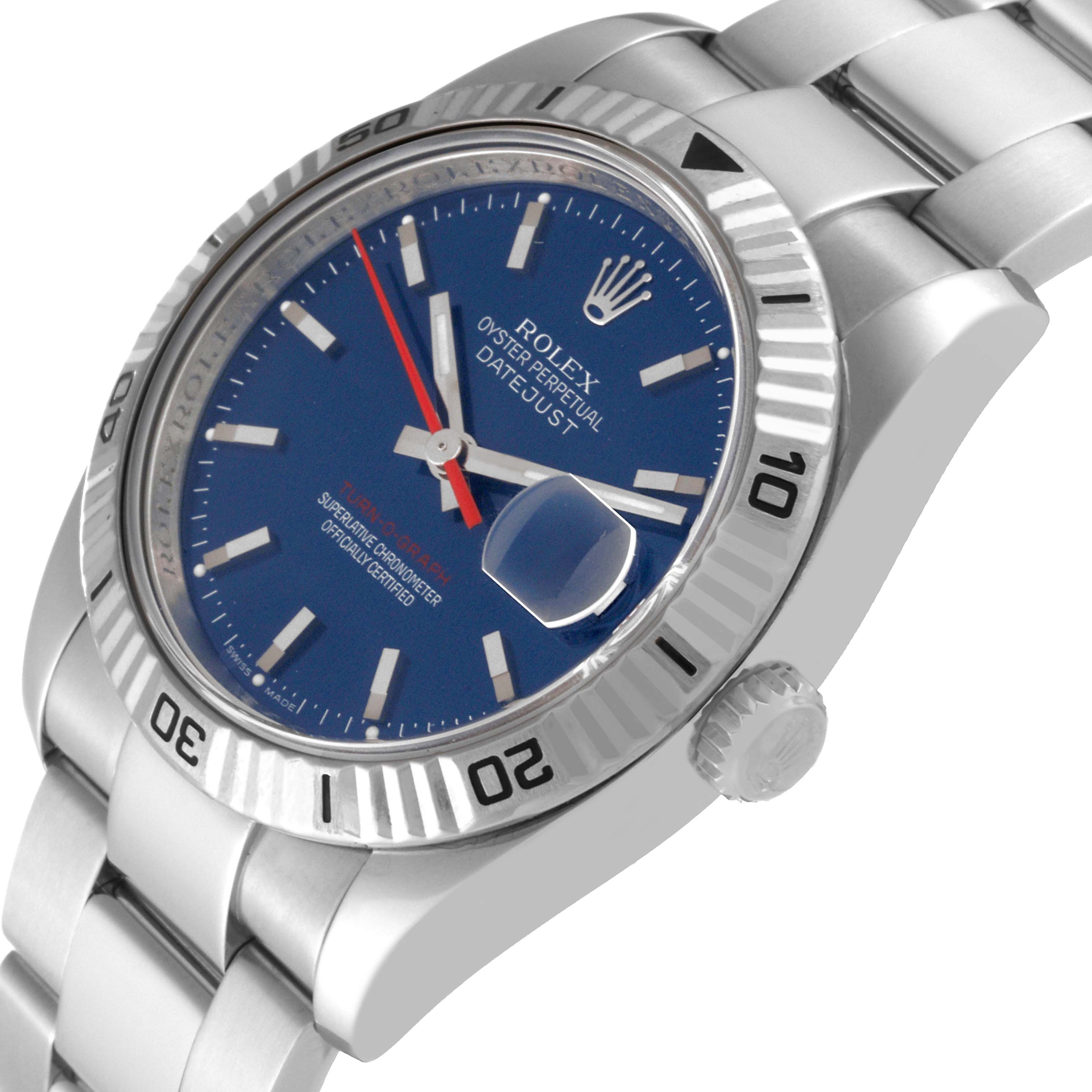 This image shows a side angle of the Rolex Turn-o-Graph 116264 Men
s Stainless Steel Blue Dial 116264 Men
s Stainless Steel Blue Dial watch, featuring its blue dial, bezel, crown, and bracelet.
