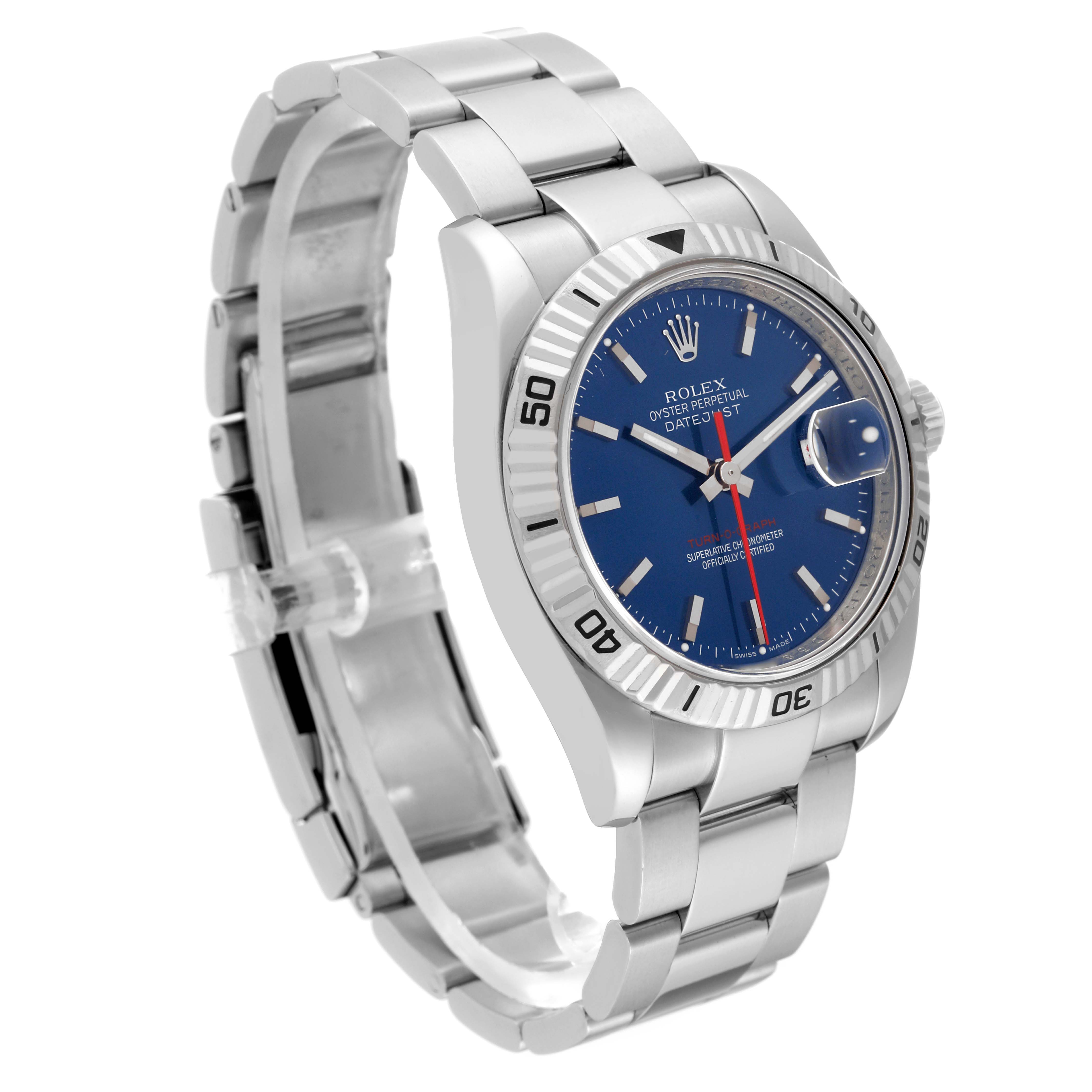 The Rolex Turn-o-Graph 116264 Men
s Stainless Steel Blue Dial 116264 Men
s Stainless Steel Blue Dial watch is shown at a slight angle, highlighting its blue dial, bezel, and metal bracelet.