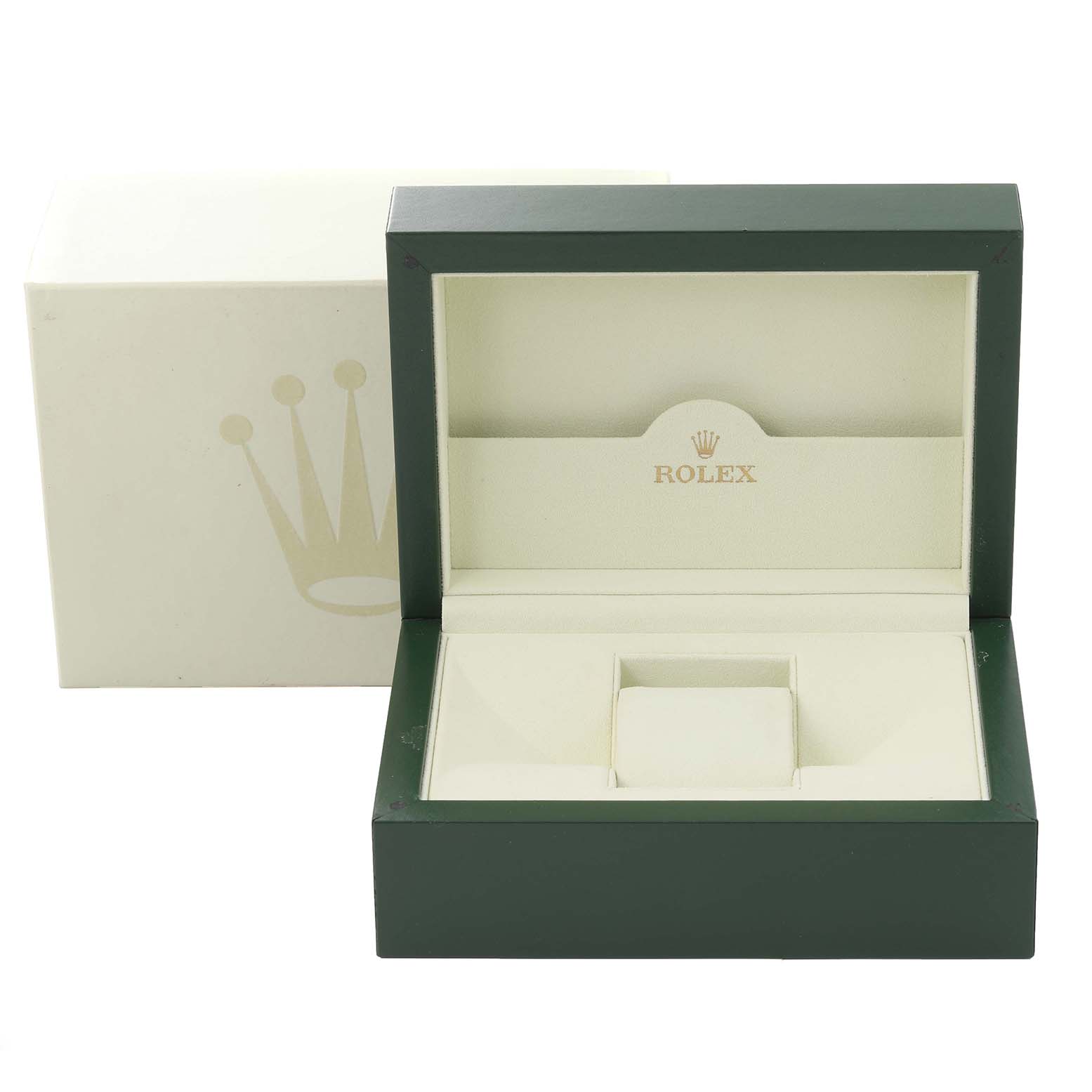 The image depicts the open presentation box of a Rolex Turn-o-Graph 116264 Men
s Stainless Steel Blue Dial 116264 Men
s Stainless Steel Blue Dial watch, showing its interior and cushioned holder.