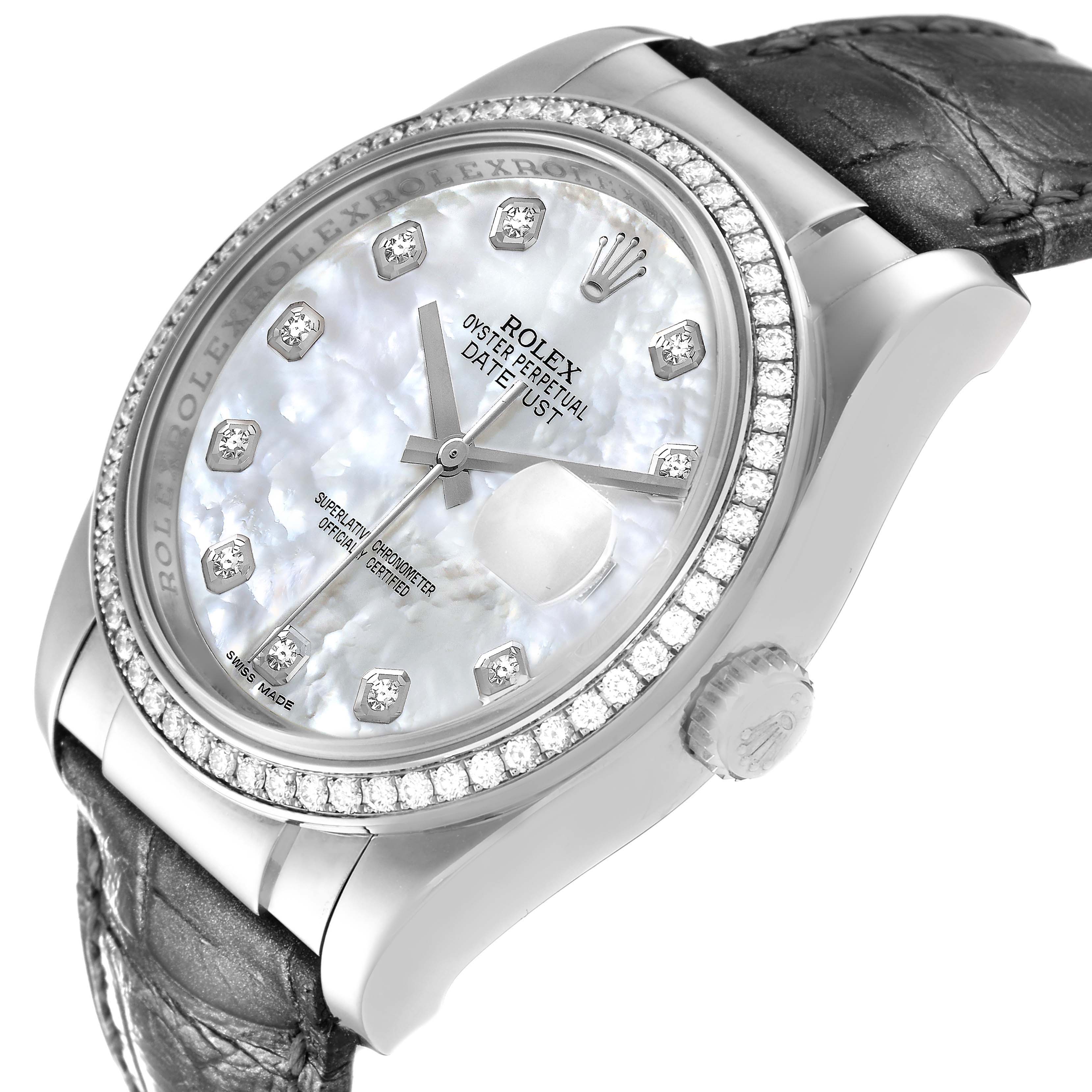 The image shows a close-up, angled view of a Rolex Datejust 116189 Men's White Gold Mother of Pearl Dial 116189 Men's White Gold Mother of Pearl Dial watch highlighting its dial, bezel, and part of the strap.