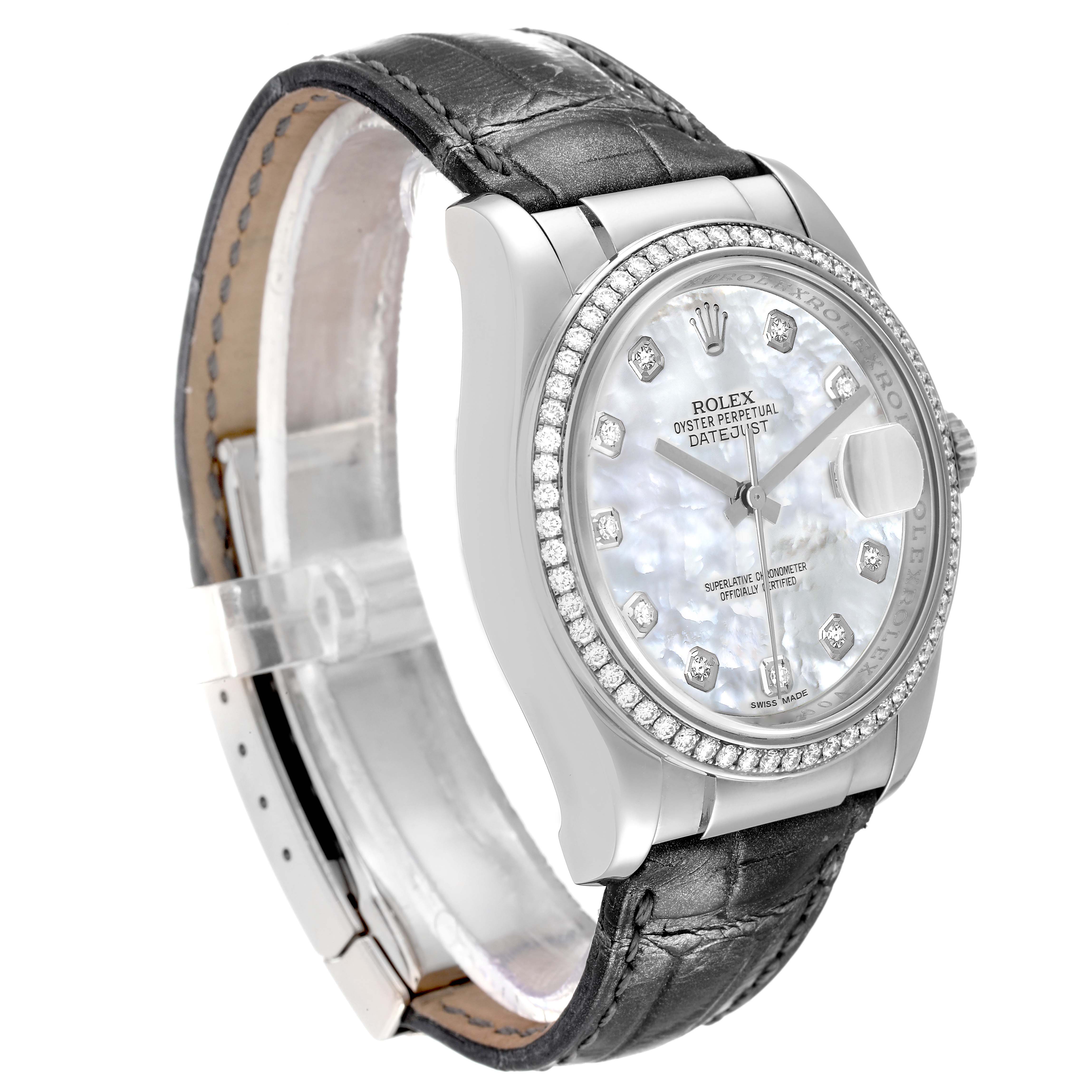 The image shows a Rolex Datejust 116189 Men's White Gold Mother of Pearl Dial 116189 Men's White Gold Mother of Pearl Dial watch angled from the front and side, highlighting its bezel, dial, and leather strap.
