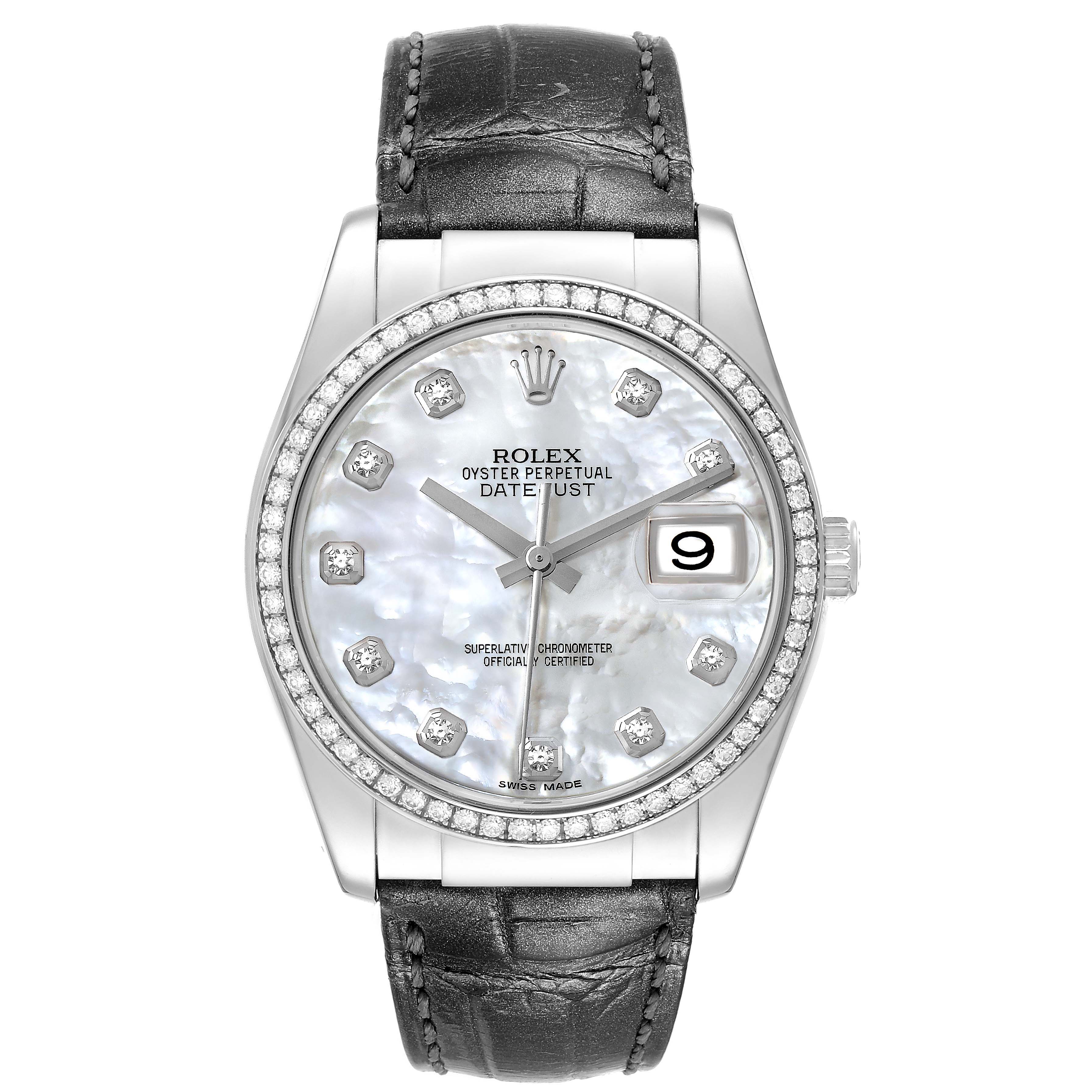 The image shows a Rolex Datejust 116189 Men's White Gold Mother of Pearl Dial 116189 Men's White Gold Mother of Pearl Dial watch with a diamond bezel, mother-of-pearl dial, and black leather strap from a front view.