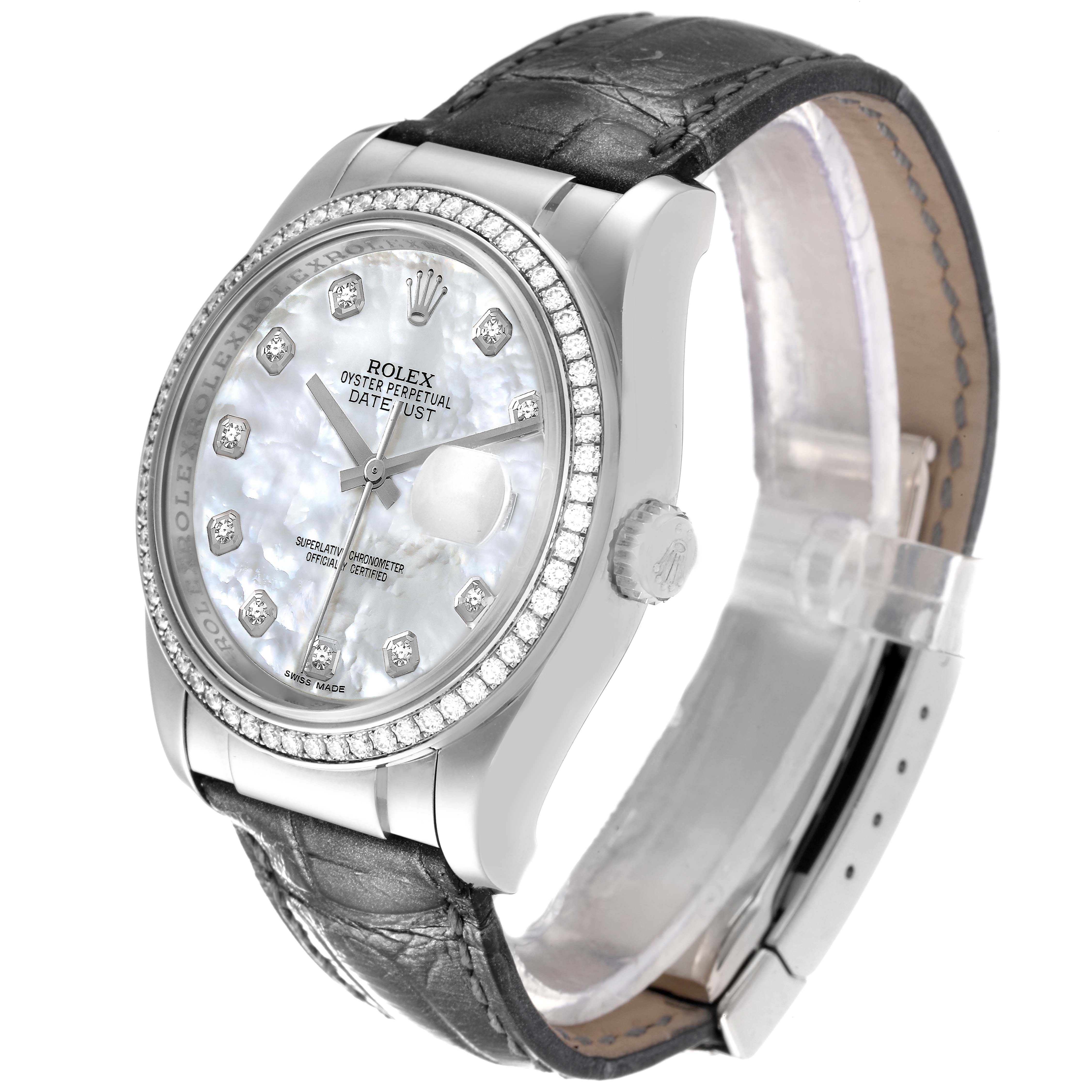 The Rolex Datejust 116189 Men's White Gold Mother of Pearl Dial 116189 Men's White Gold Mother of Pearl Dial watch is shown at a three-quarter angle, displaying its face, bezel, case, and leather strap.