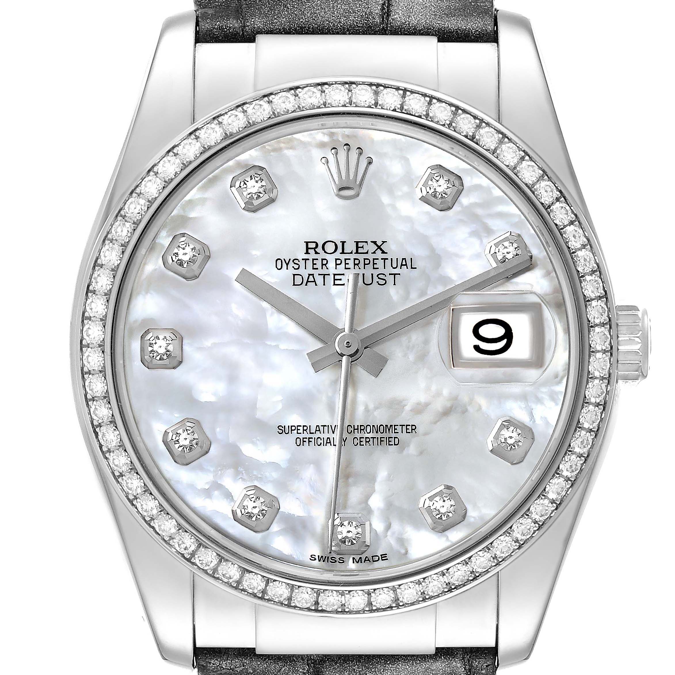 This is a close-up front view of a Rolex Datejust 116189 Men's White Gold Mother of Pearl Dial 116189 Men's White Gold Mother of Pearl Dial watch showing its dial, bezel, crown, and part of the strap.