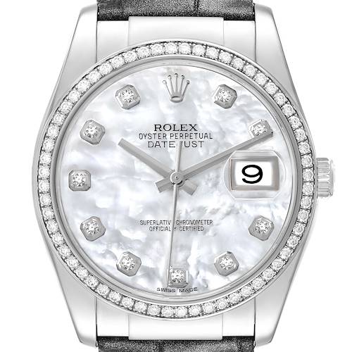 The Rolex Datejust 116189 Men's White Gold Mother of Pearl Dial watch is shown from a front angle highlighting the dial, bezel, and part of the bracelet.