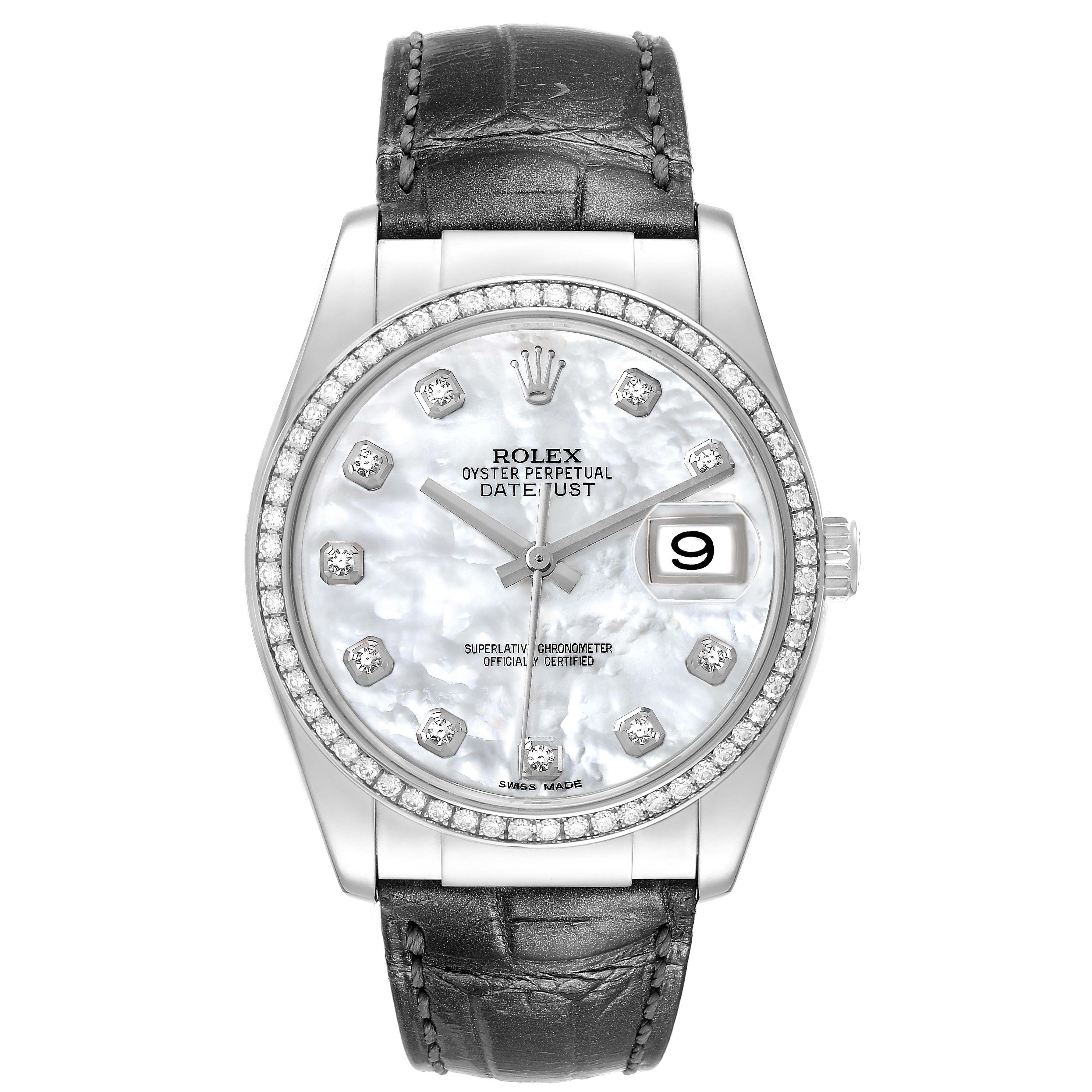 The Rolex Datejust 116189 Men's White Gold Mother of Pearl Dial watch is shown from the front, displaying the face, bezel, and leather strap.
