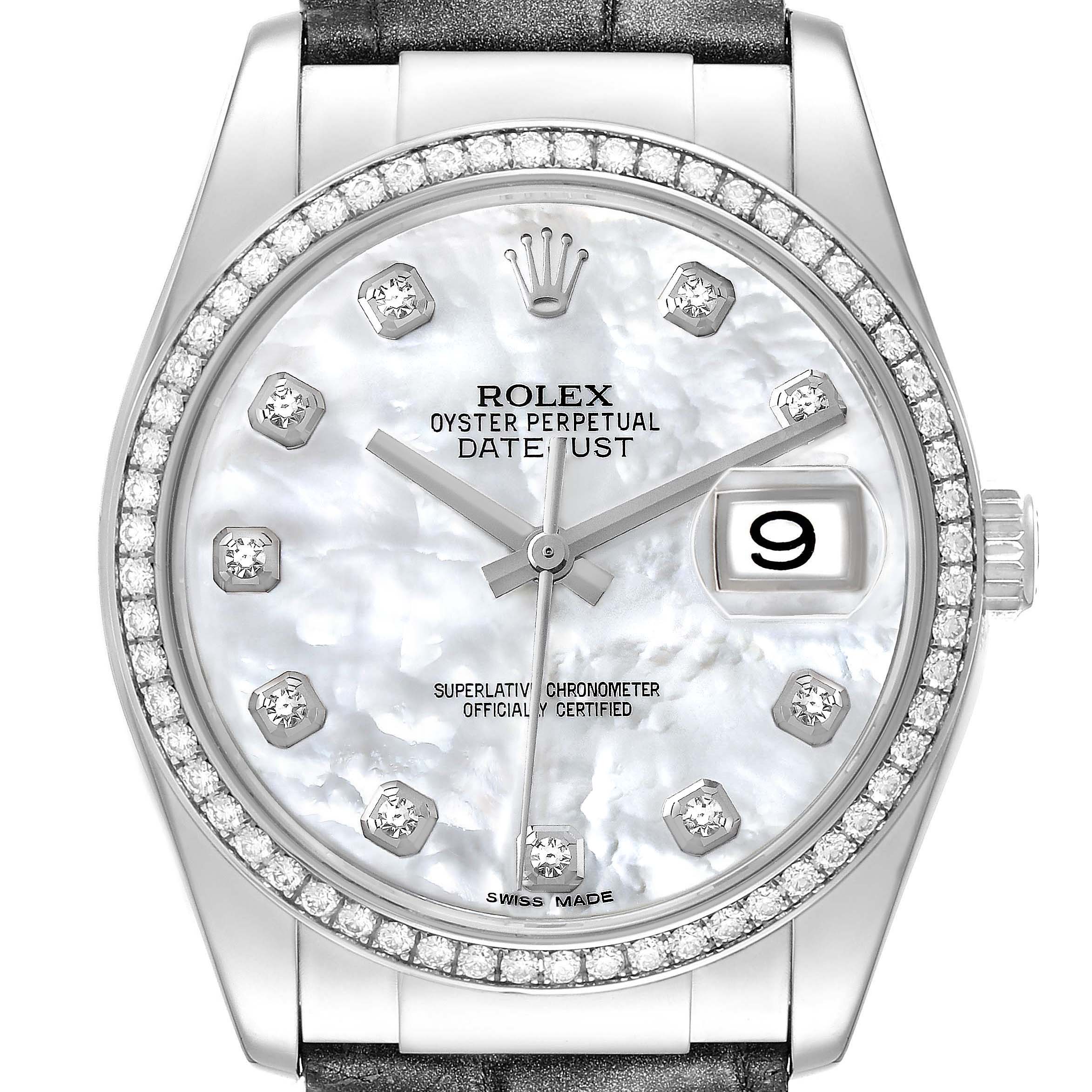 The Rolex Datejust 116189 Men's White Gold Mother of Pearl Dial watch is shown from a front angle, displaying its dial, bezel, and part of the strap.