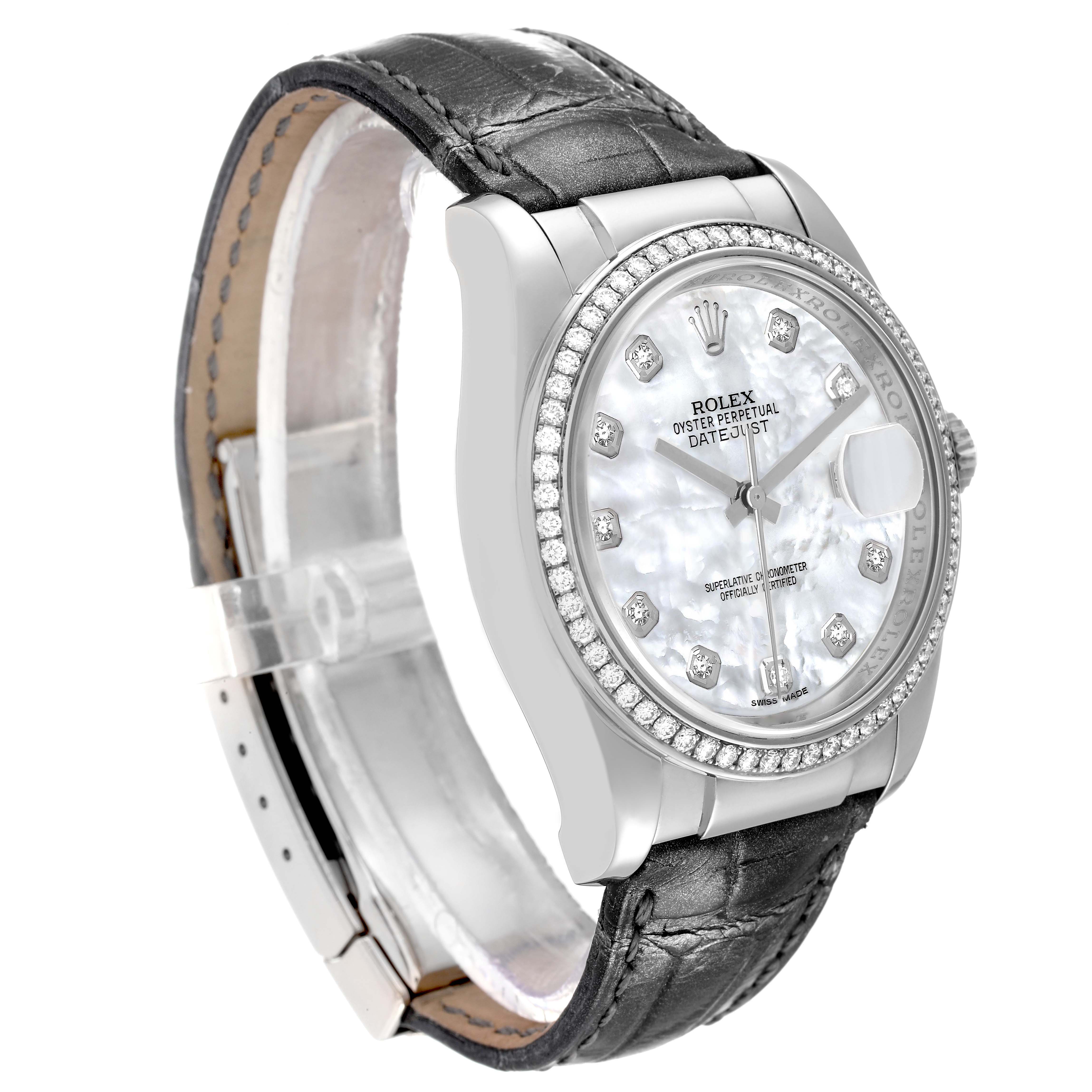 The Rolex Datejust 116189 Men's White Gold Mother of Pearl Dial watch is shown at a three-quarter angle, highlighting the face, bezel, and leather strap.