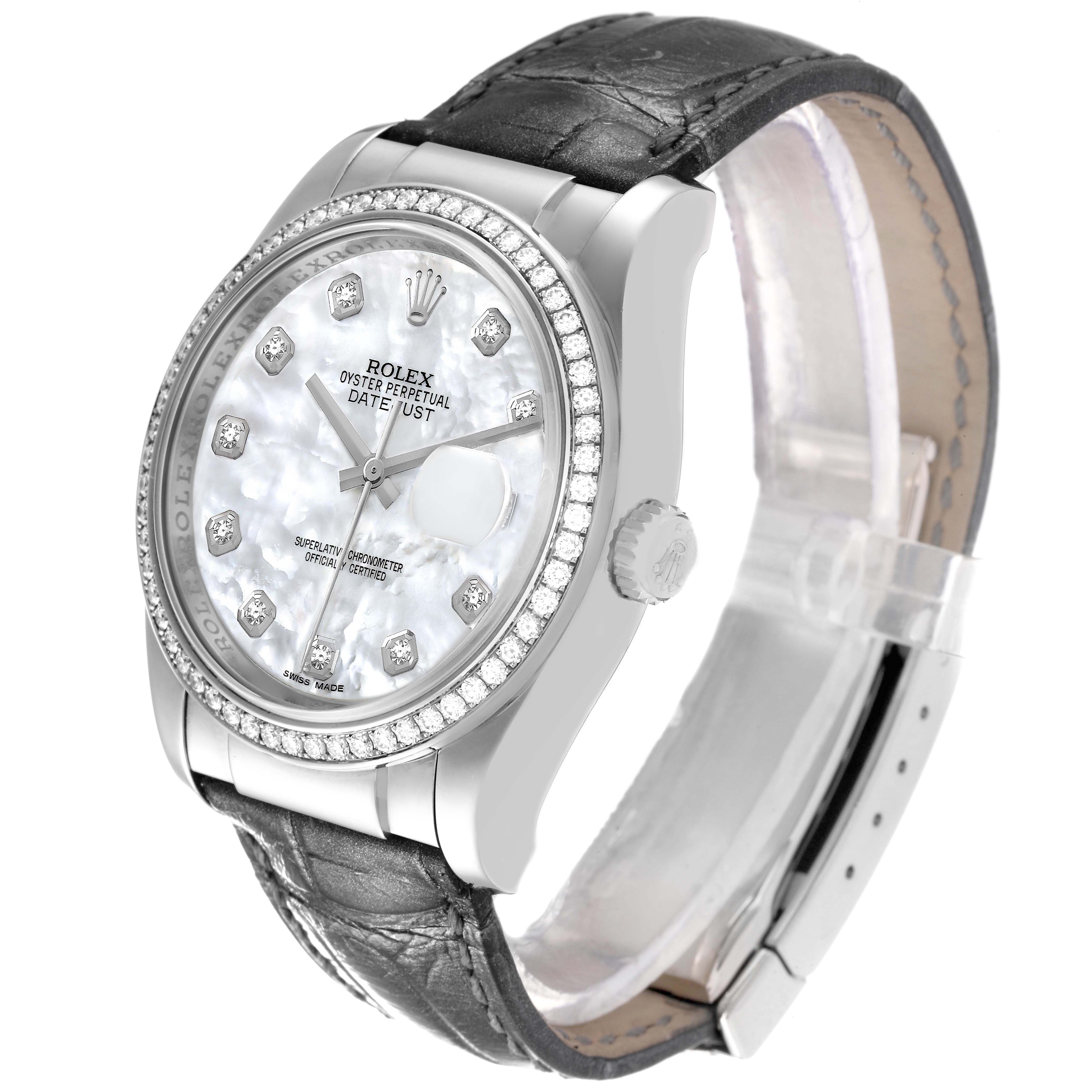 The Rolex Datejust 116189 Men's White Gold Mother of Pearl Dial watch is shown at a three-quarter angle, highlighting the face, bezel, and strap.