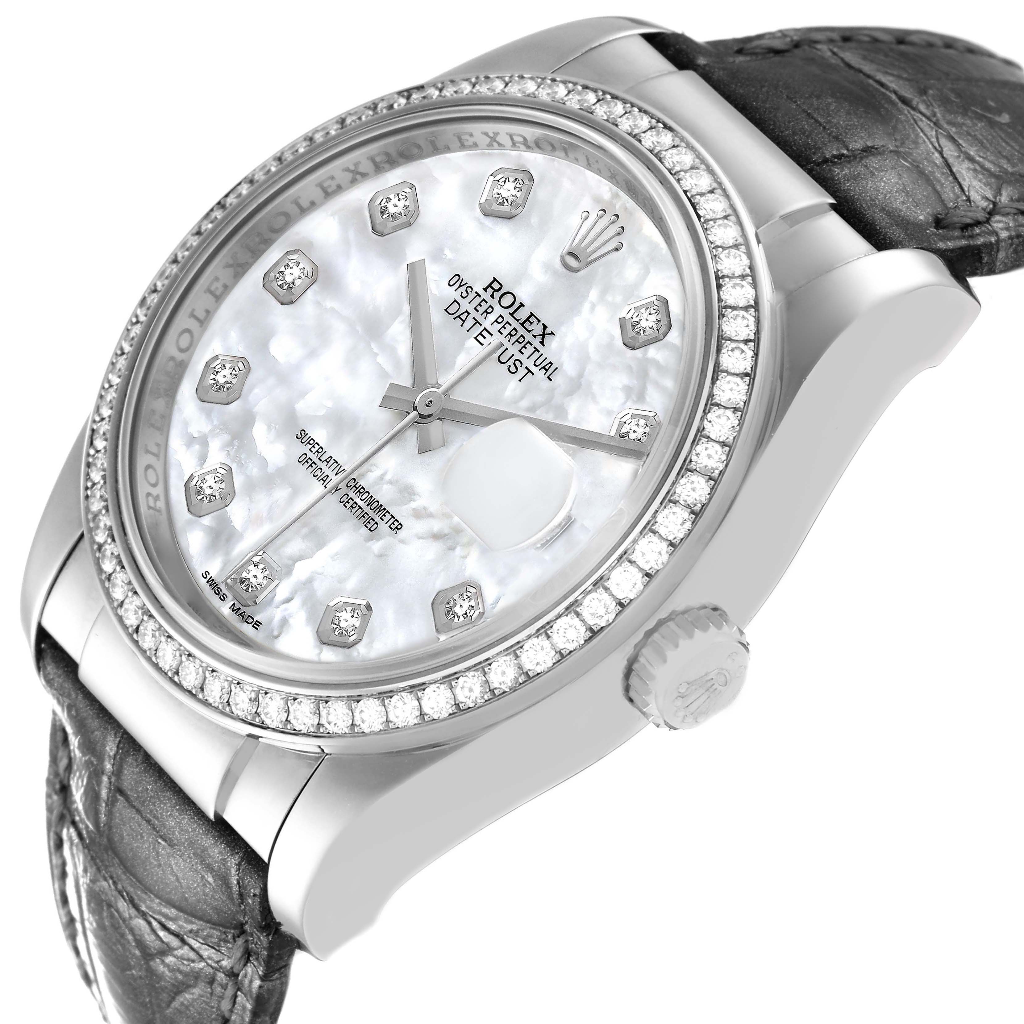 The Rolex Datejust 116189 Men's White Gold Mother of Pearl Dial watch is shown at an angled close-up, displaying the dial, bezel, crown, and part of the strap.