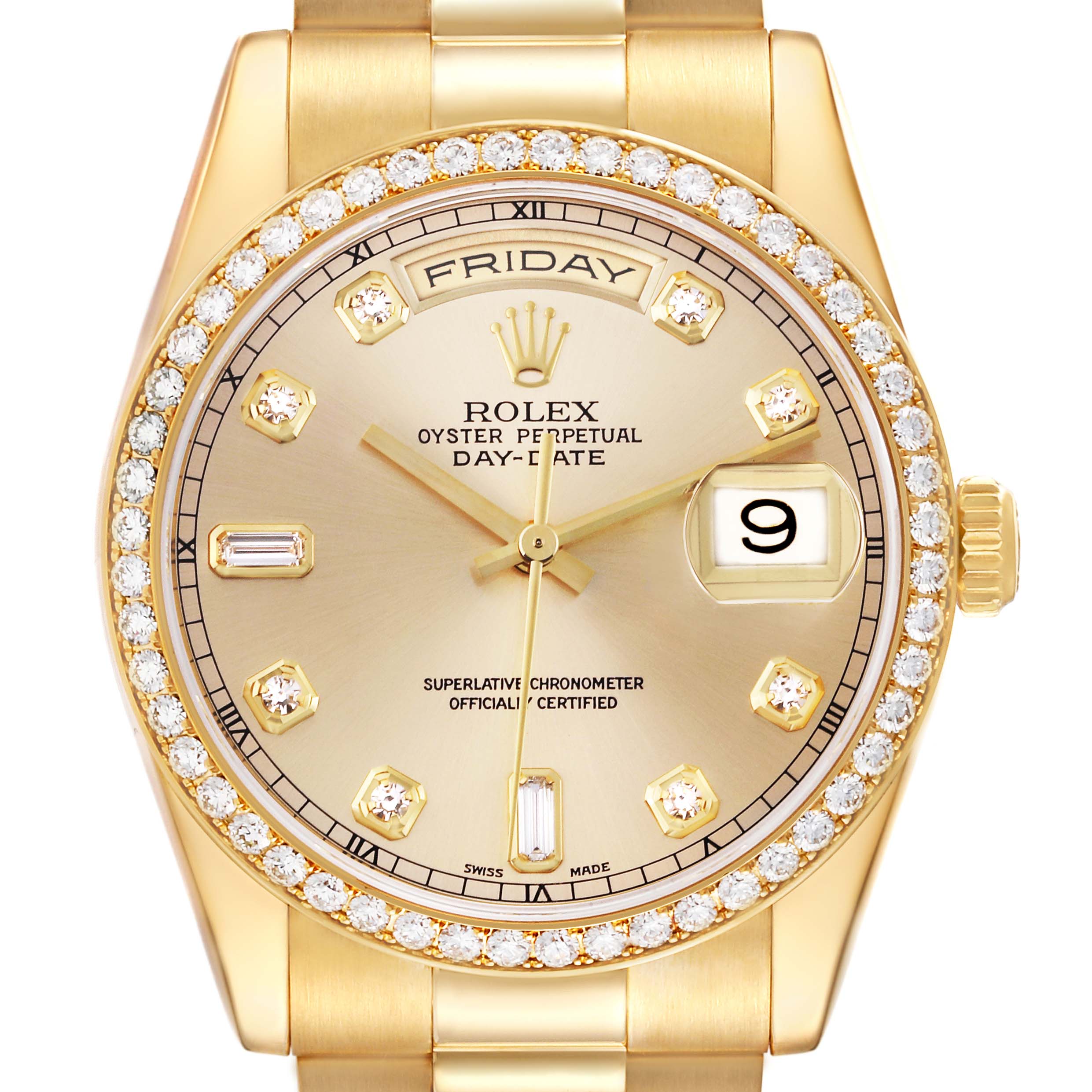 This image shows the face and part of the bracelet of a Rolex President 118348 Men
s Yellow Gold Champagne Dial 118348 Men
s Yellow Gold Champagne Dial model, highlighting the day, date, and diamond bezel.