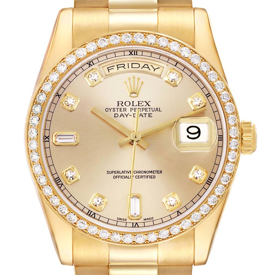 Rolex Day-Date President Yellow Gold Diamond Bezel Mens Watch 118348 Box Papers SwissWatchExpo