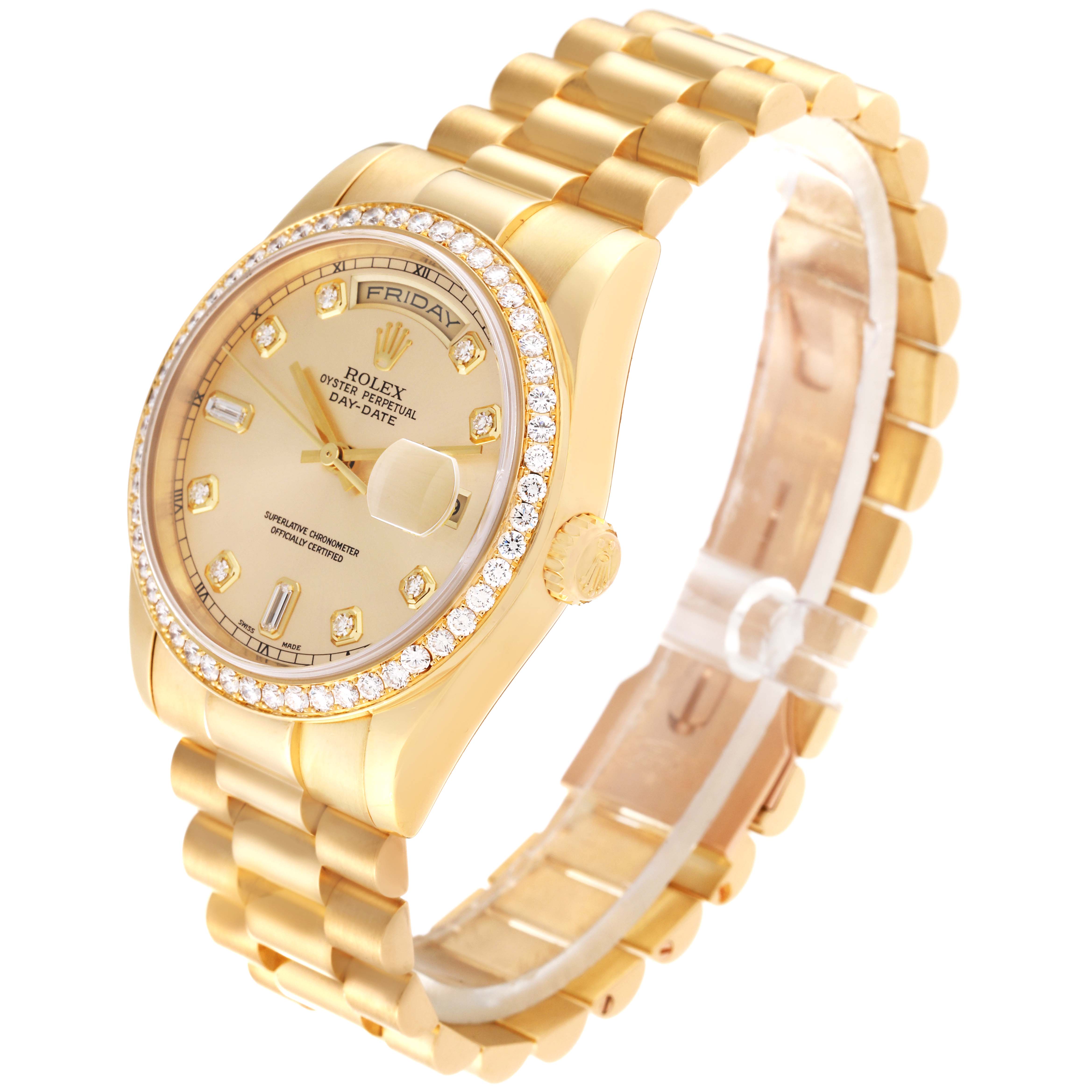 The image shows a side and slightly top angle of a Rolex President 118348 Men
s Yellow Gold Champagne Dial 118348 Men
s Yellow Gold Champagne Dial model watch, highlighting the dial, bezel, and bracelet.