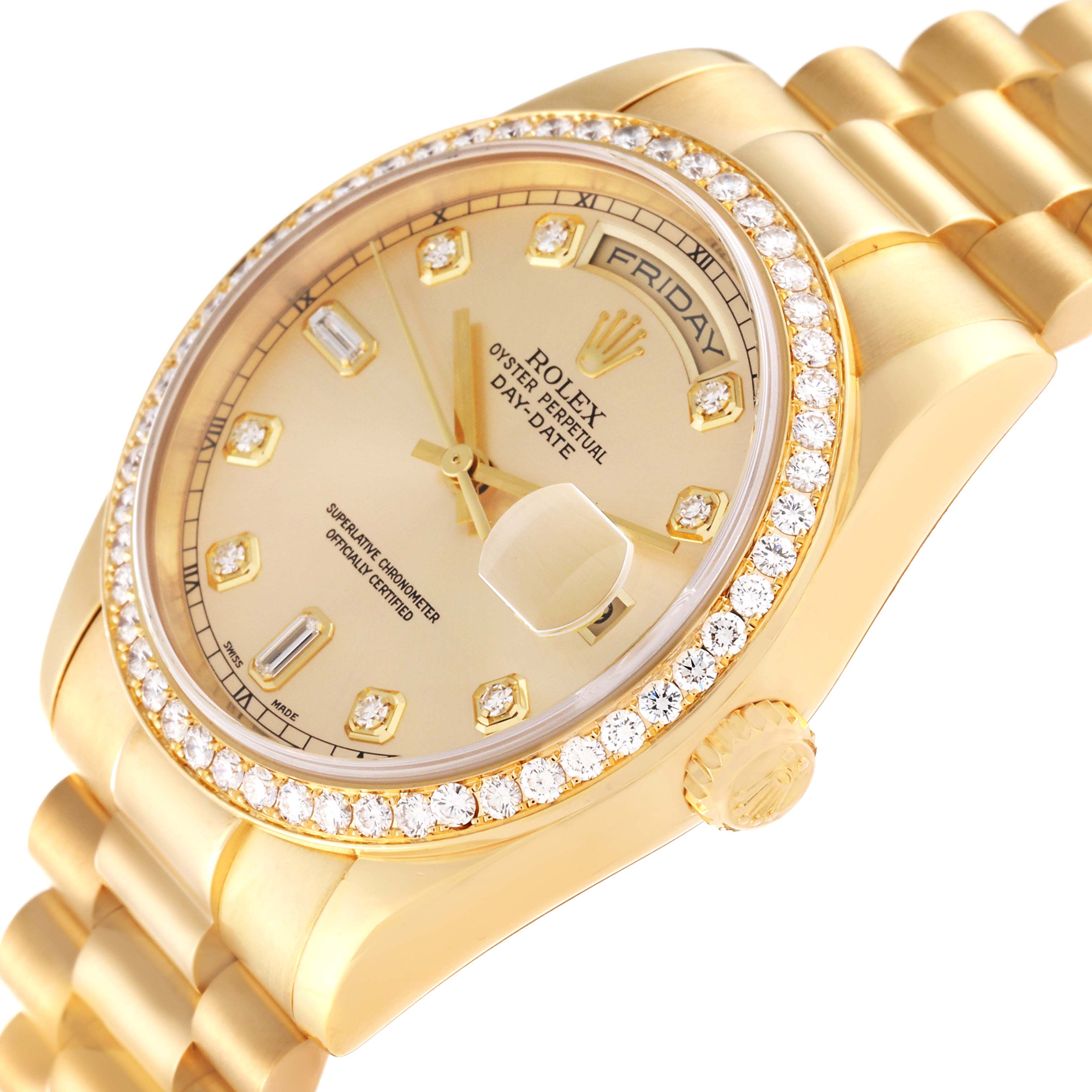 The image shows a close-up angled view of the Rolex President 118348 Men
s Yellow Gold Champagne Dial 118348 Men
s Yellow Gold Champagne Dial model, highlighting its gold case, diamond bezel, and bracelet.
