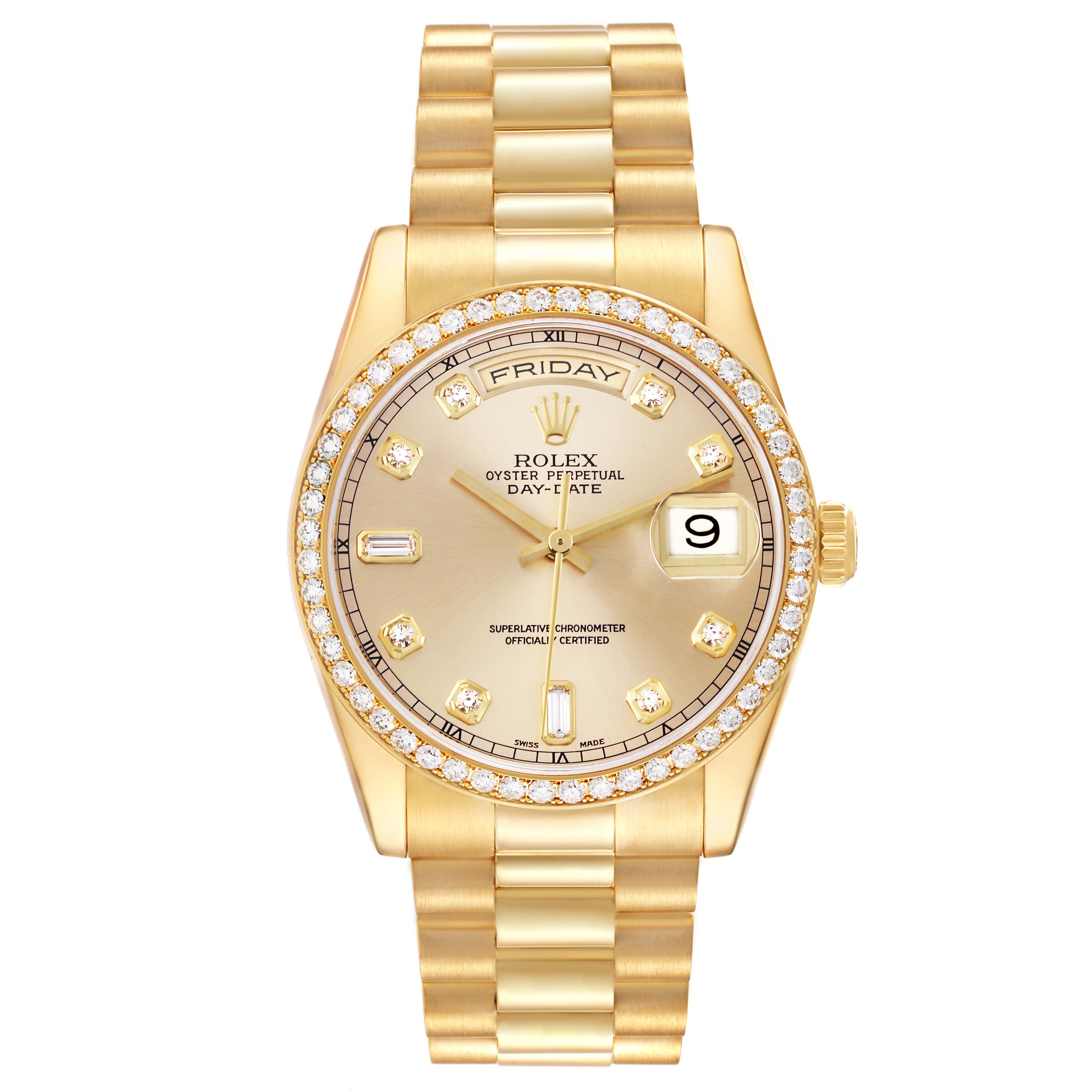 This image shows the face and full bracelet of a Rolex President 118348 Men
s Yellow Gold Champagne Dial 118348 Men
s Yellow Gold Champagne Dial model watch, displaying the day, date, and diamond hour markers.