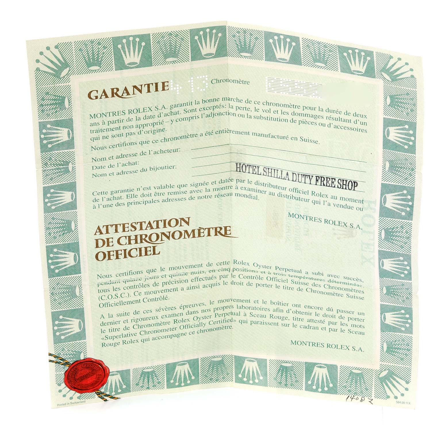 The image shows the warranty certificate for the Rolex President 118348 Men
s Yellow Gold Champagne Dial 118348 Men
s Yellow Gold Champagne Dial model watch, including purchase details and official chronometer certification.