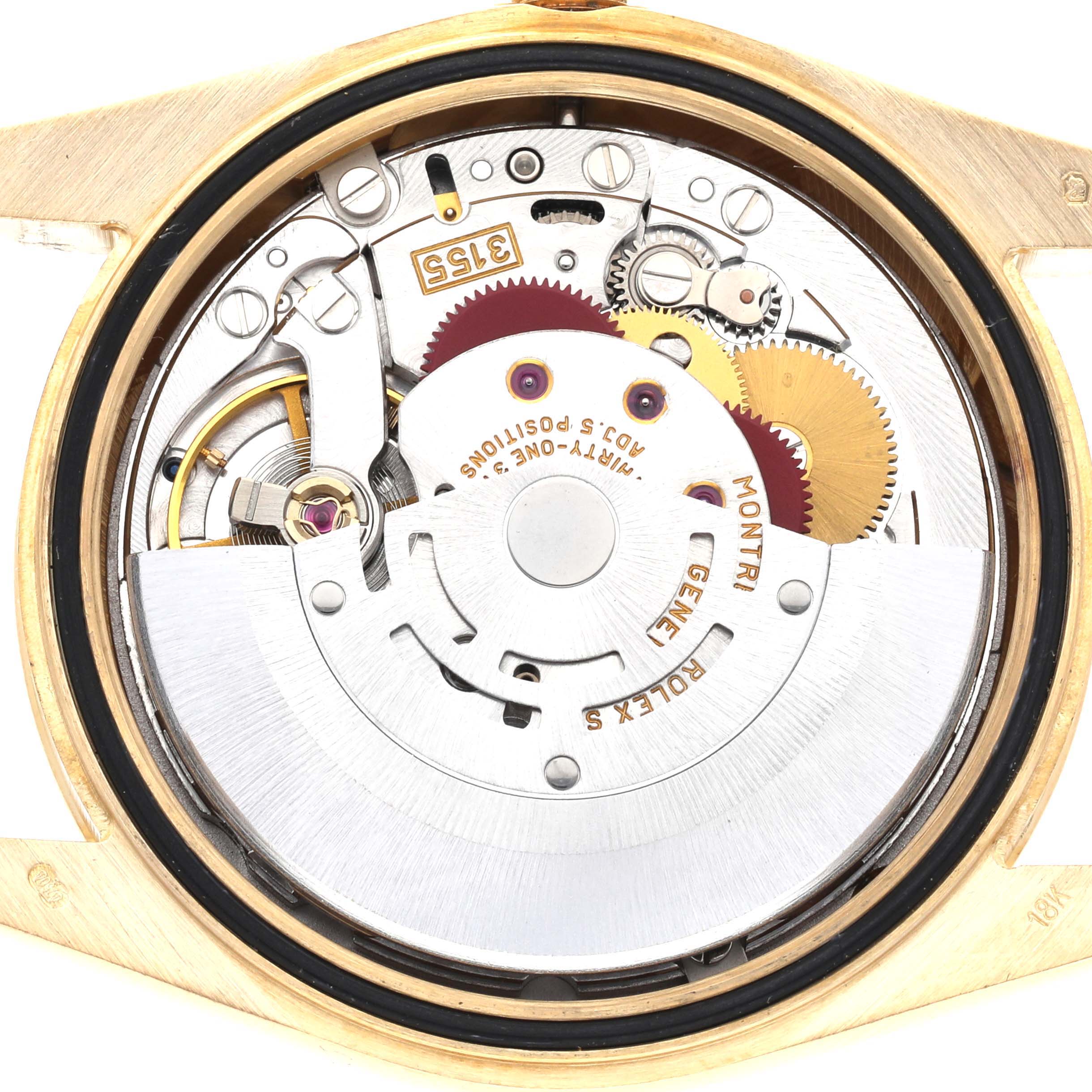 The image shows the internal movement and mechanism of a Rolex President 118348 Men
s Yellow Gold Champagne Dial 118348 Men
s Yellow Gold Champagne Dial model watch viewed from the back angle.